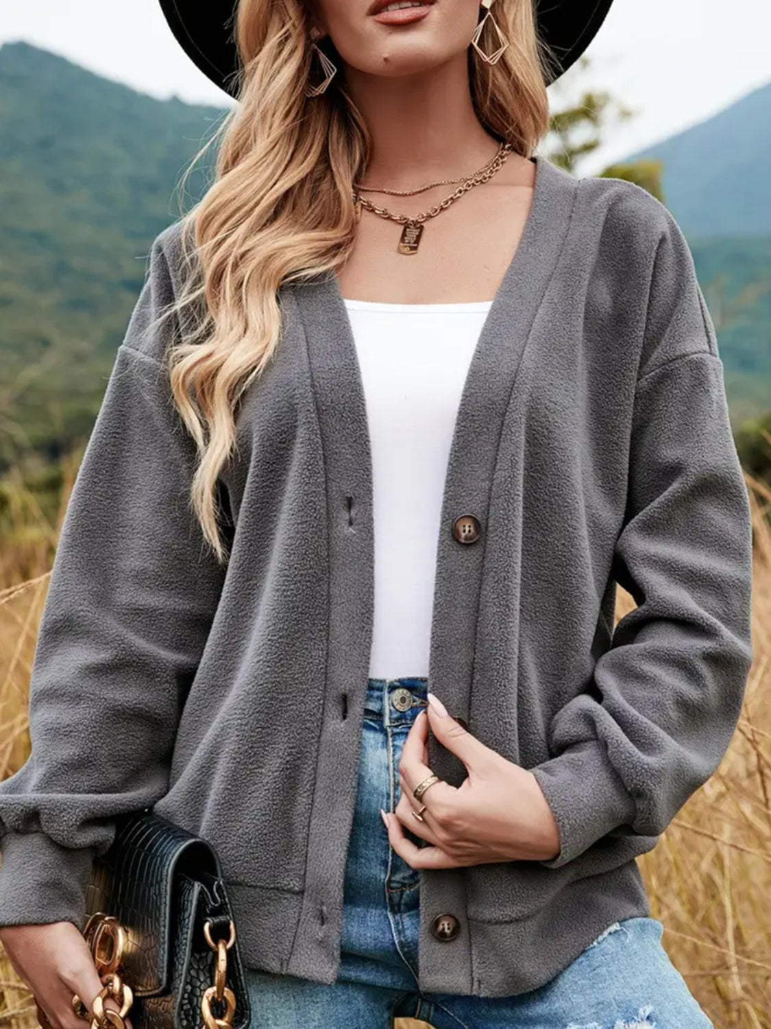 Shiny Button Down V-Neck Dropped Shoulder Jacket - EkaVibe