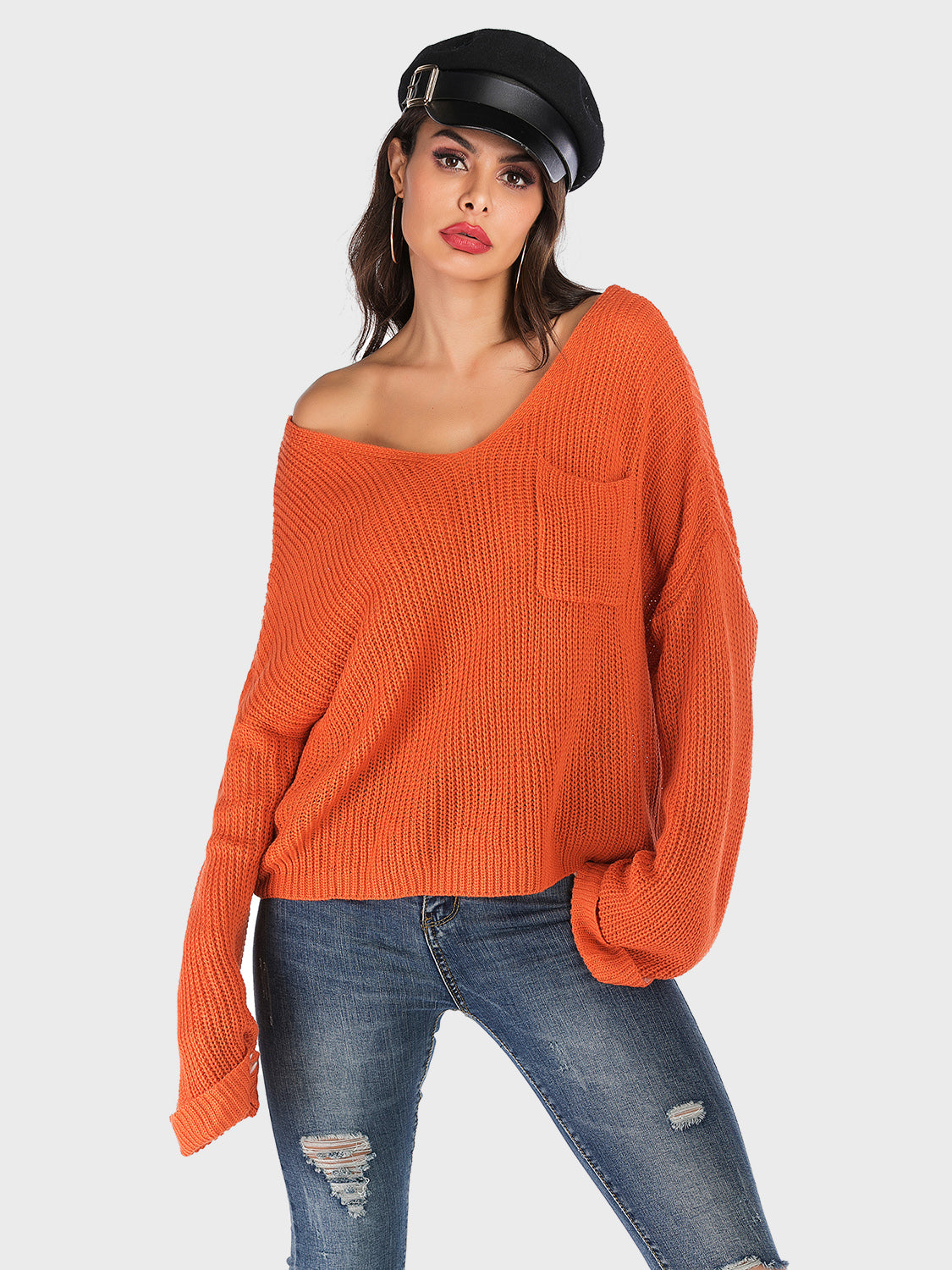 Perfee V-Neck Dropped Shoulder Long Sleeve Sweater - EkaVibe