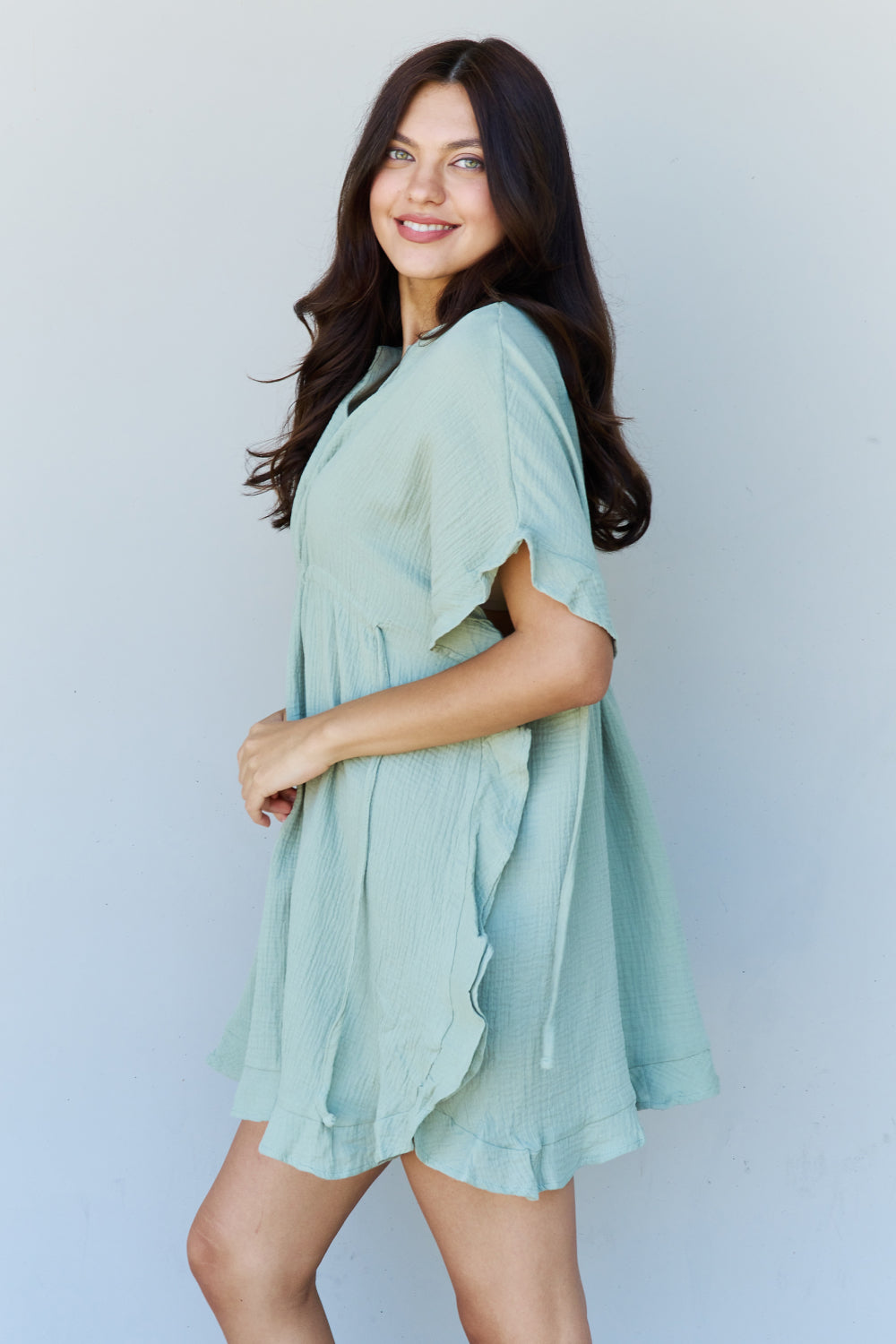 Ninexis Out Of Time Full Size Ruffle Hem Dress with Drawstring Waistband in Light Sage - EkaVibe