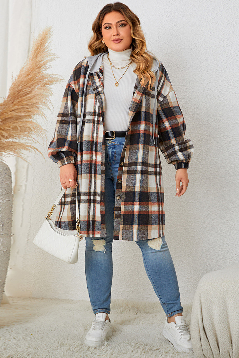 Honey Plus Size Plaid Drop Shoulder Hooded Coat - EkaVibe