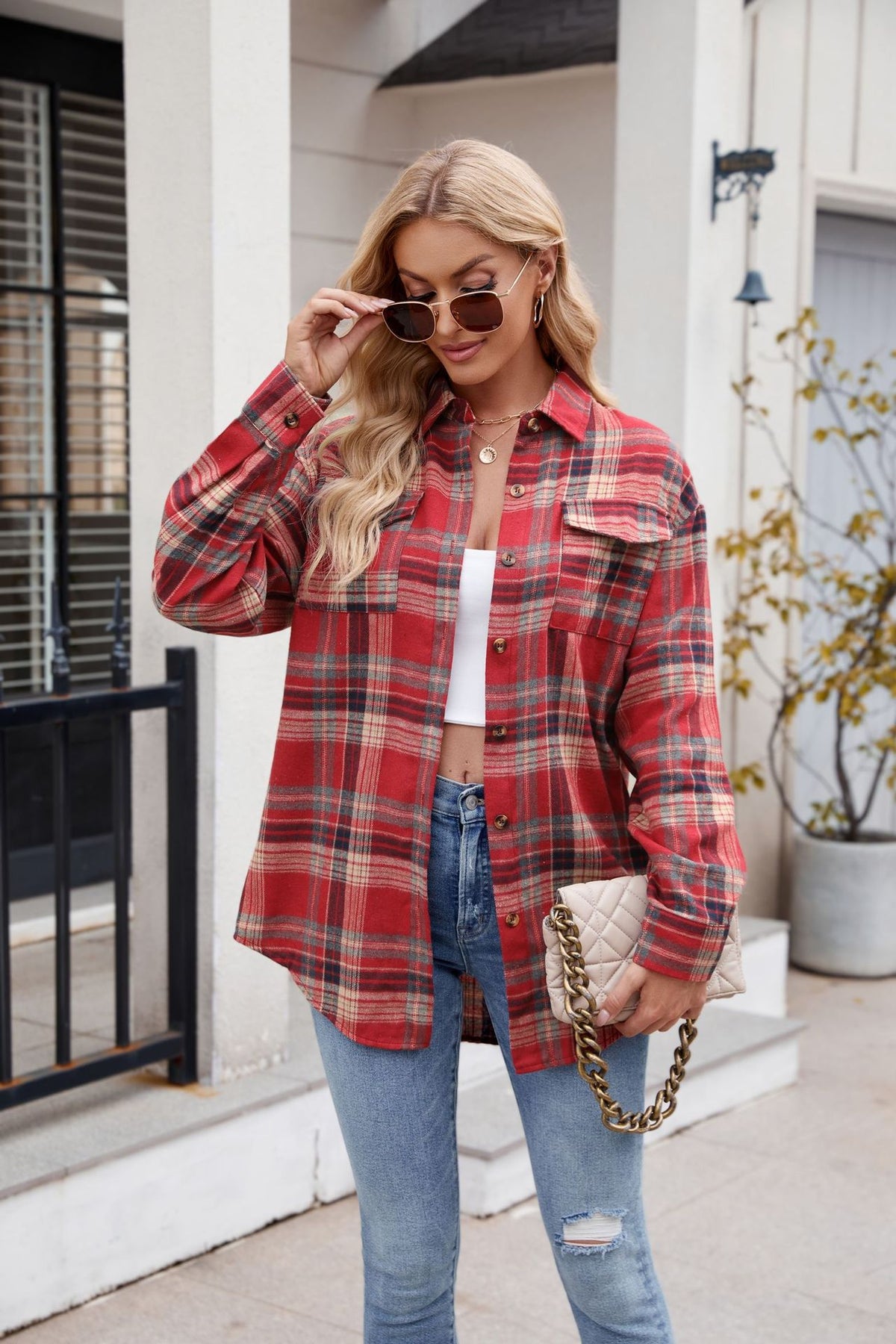 Mandy Plaid Button Up Long Sleeve Shirt - EkaVibe