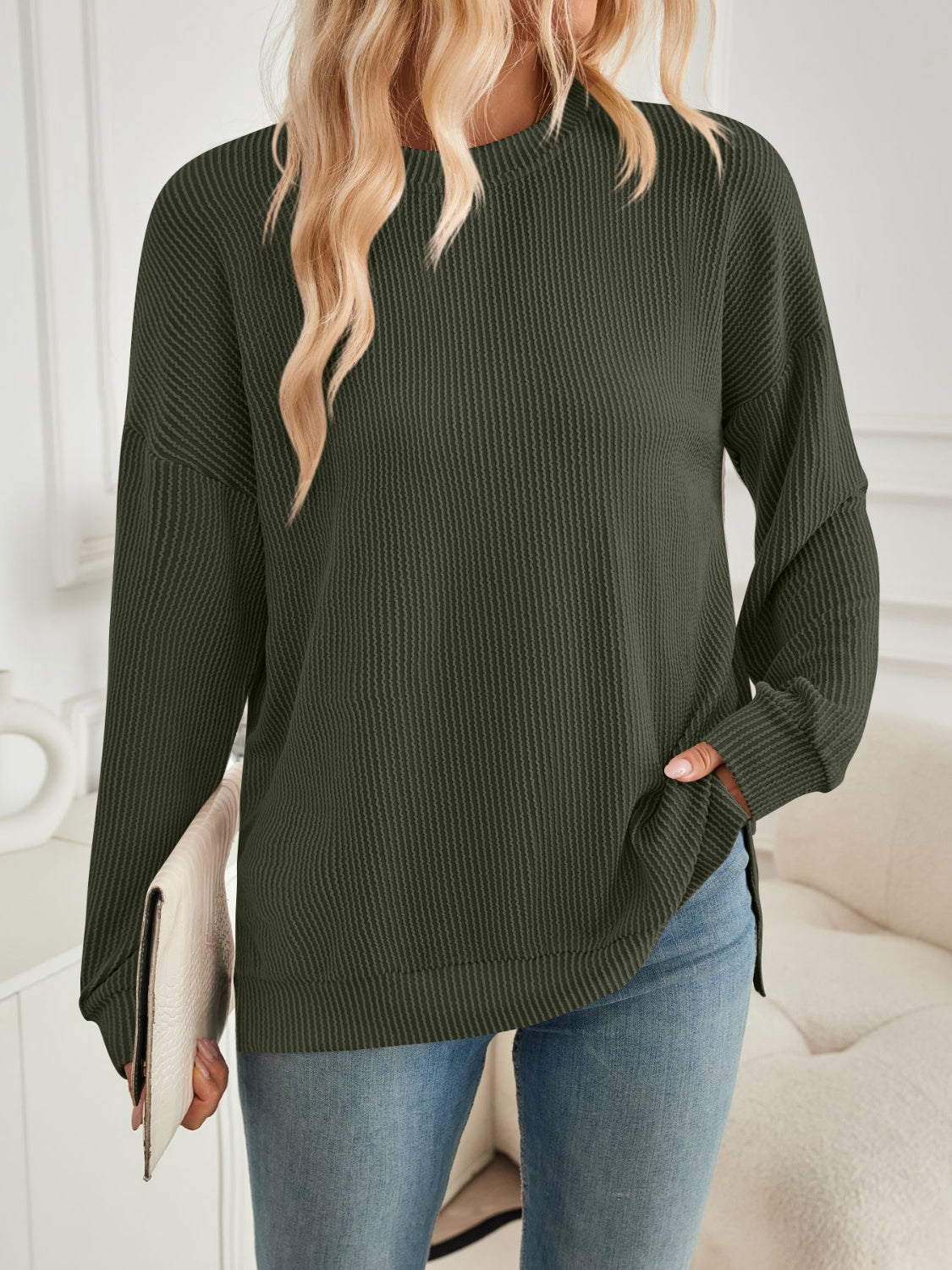 Lovelet Slit Round Neck Long Sleeve Sweatshirt - EkaVibe