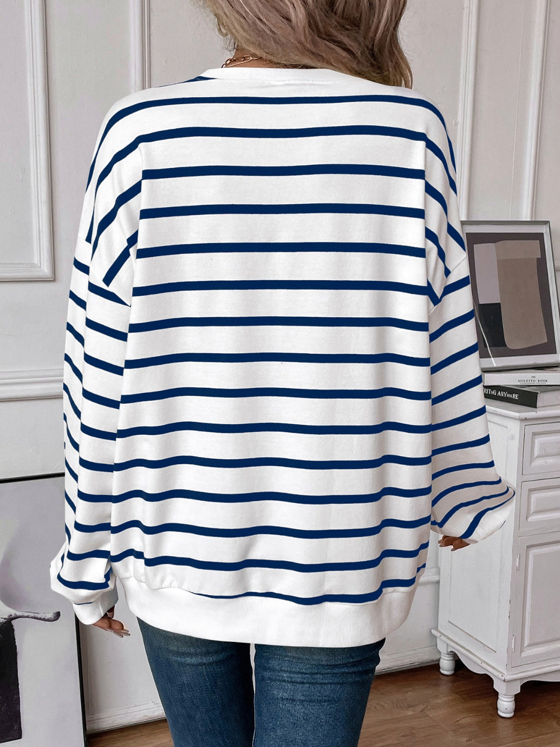 Lovelet Striped Round Neck Long Sleeve Sweatshirt - EkaVibe