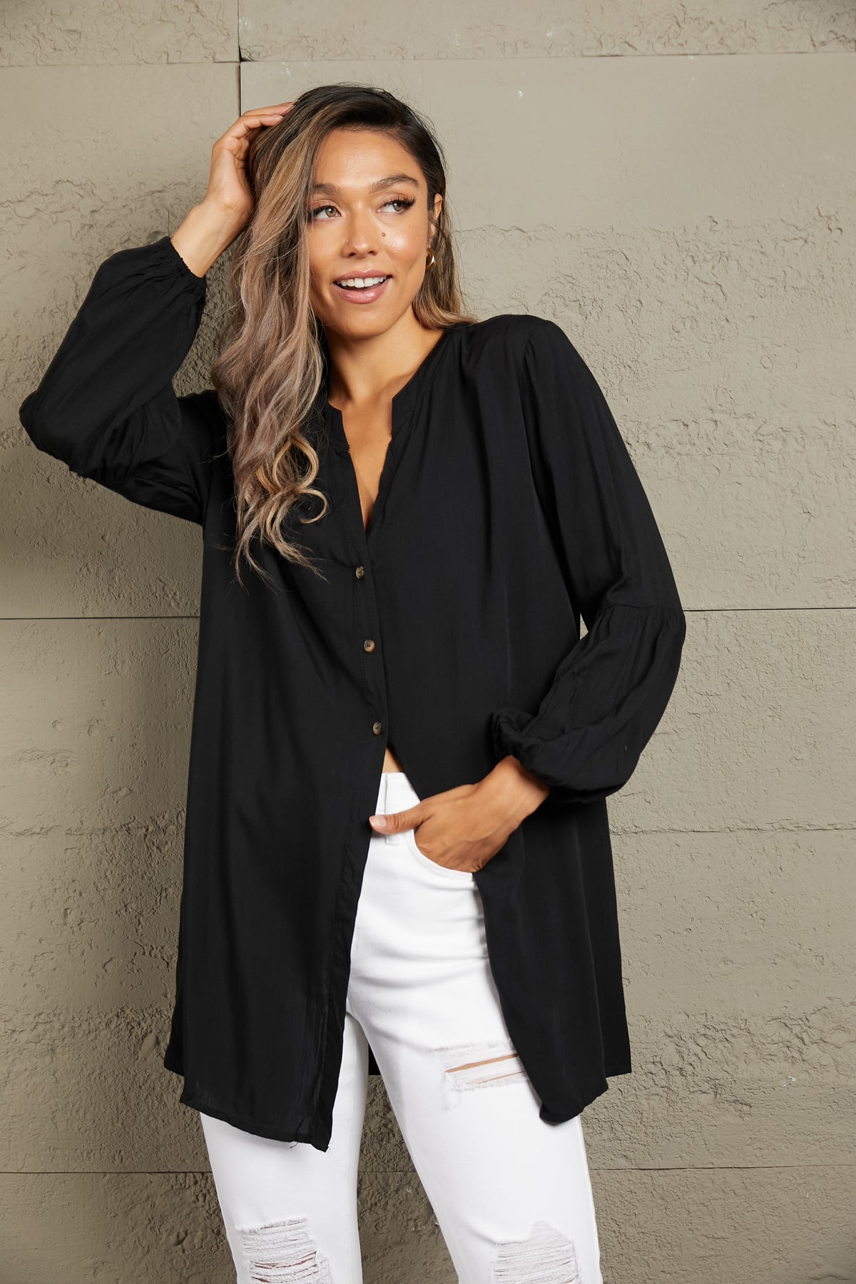 Ivy Lane Notched Neck Balloon Sleeve Shirt - EkaVibe