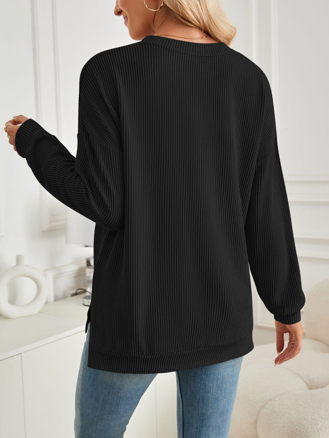 Lovelet Slit Round Neck Long Sleeve Sweatshirt - EkaVibe