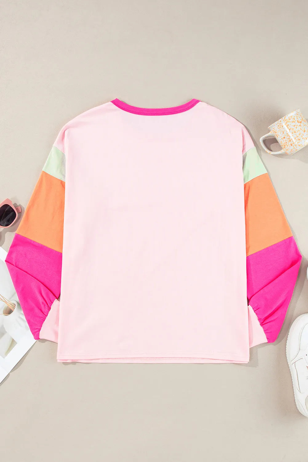 Color Block Round Neck Long Sleeve Top - EkaVibe