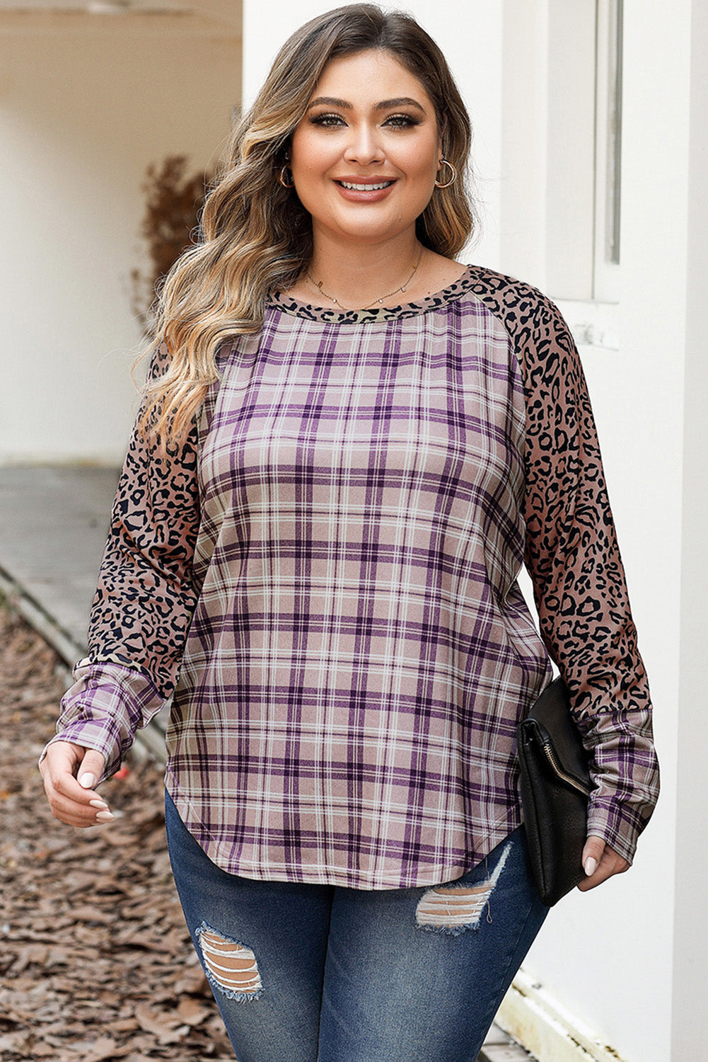 Plus Size Leopard Raglan Sleeve Plaid T-Shirt - EkaVibe