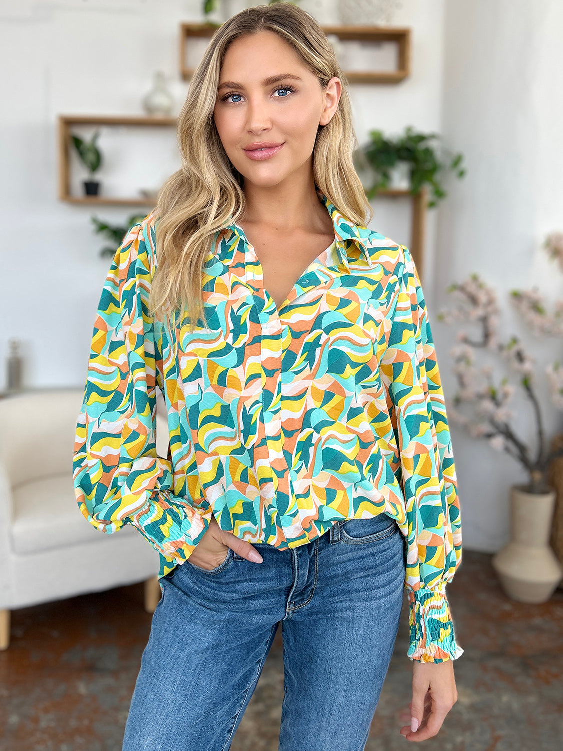 Double Take Full Size Printed Smocked Long Sleeve Blouse - EkaVibe