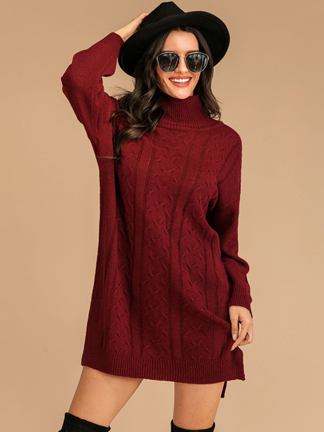 Perfee Slit Turtleneck Long Sleeve Mini Sweater Dress - EkaVibe