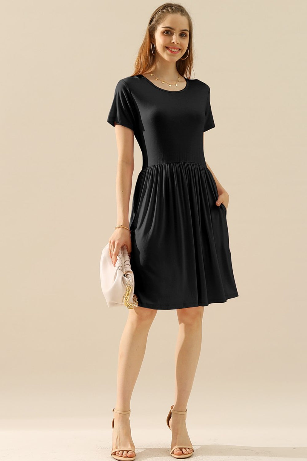 Ninexis Full Size Round Neck Ruched Dress with Pockets - EkaVibe