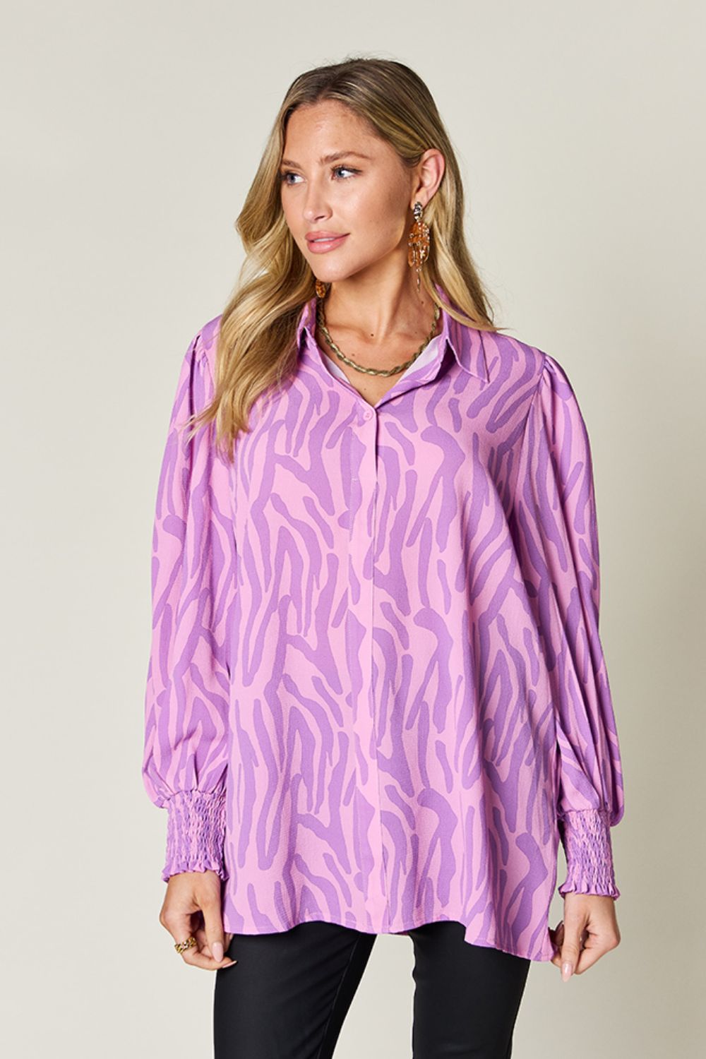 Double Take Full Size Printed Smocked Long Sleeve Blouse - EkaVibe