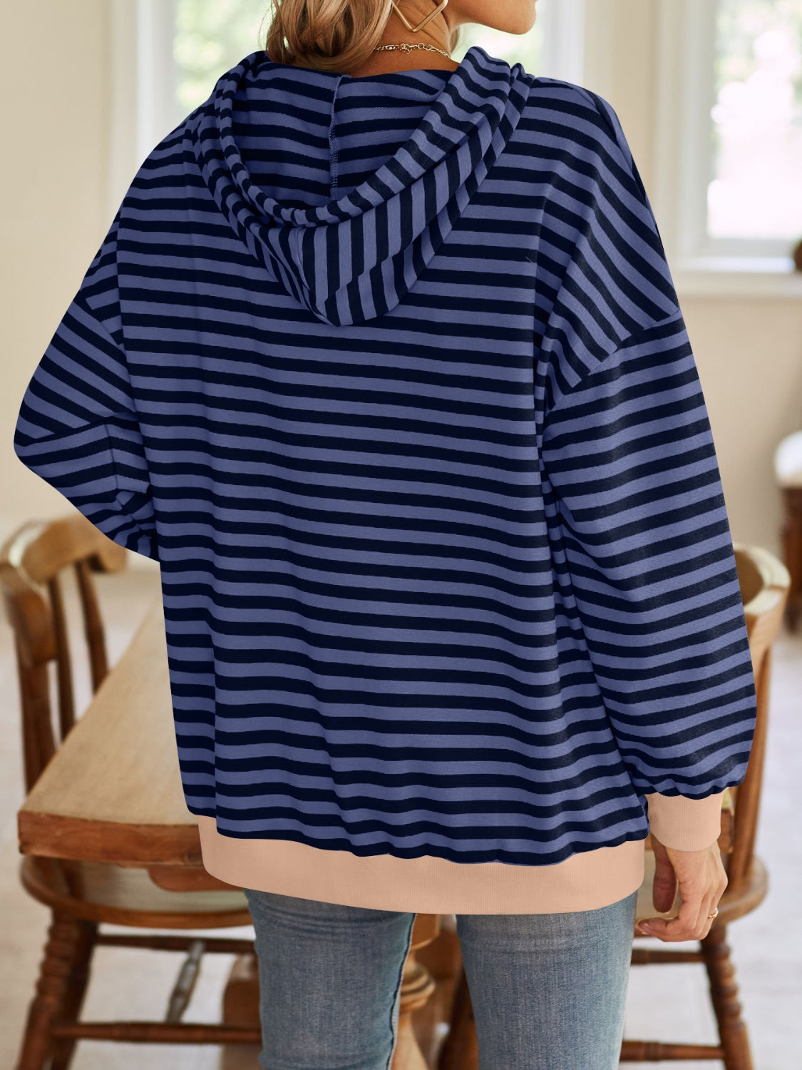 Lovelet Drawstring Striped Long Sleeve Hoodie - EkaVibe