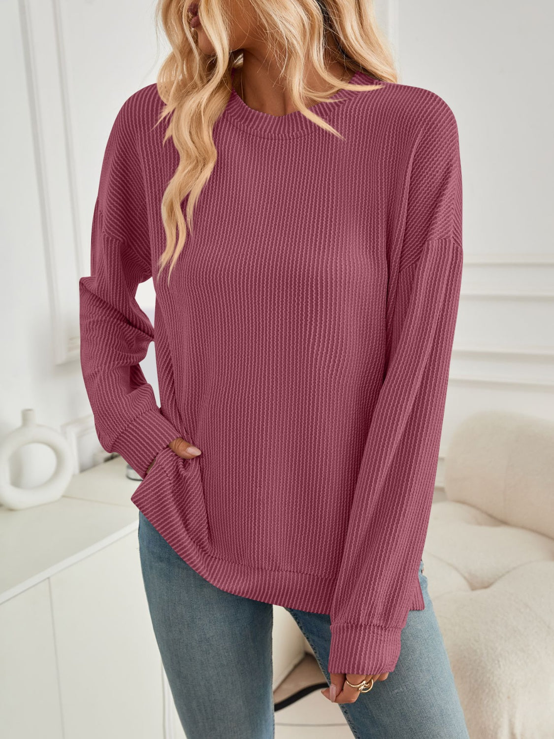 Lovelet Slit Round Neck Long Sleeve Sweatshirt - EkaVibe