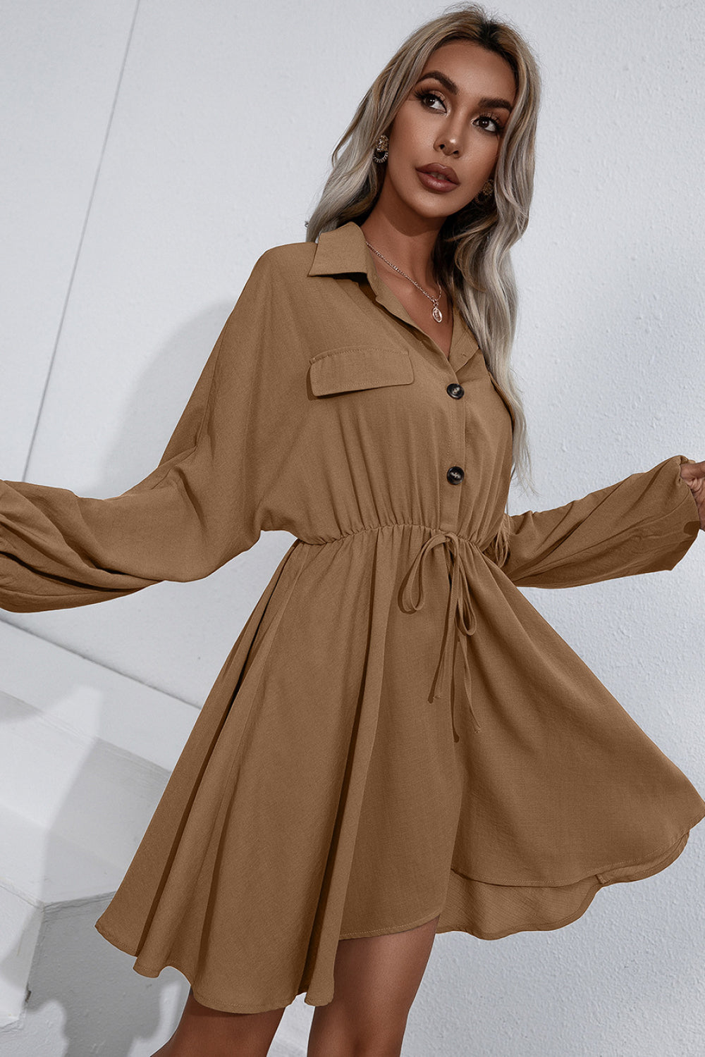 Ivy Lane Collared Tie Waist Button Up Shirt Dress - EkaVibe