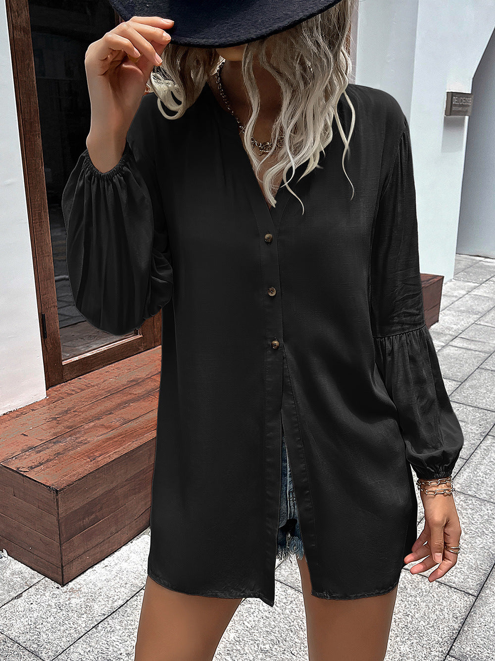 Ivy Lane Notched Neck Balloon Sleeve Shirt - EkaVibe