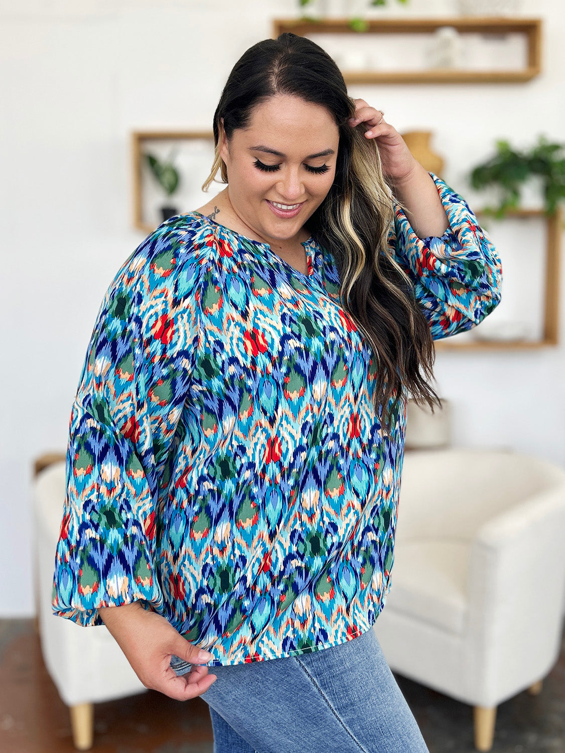 Double Take Full Size Printed Balloon Sleeve Blouse - EkaVibe