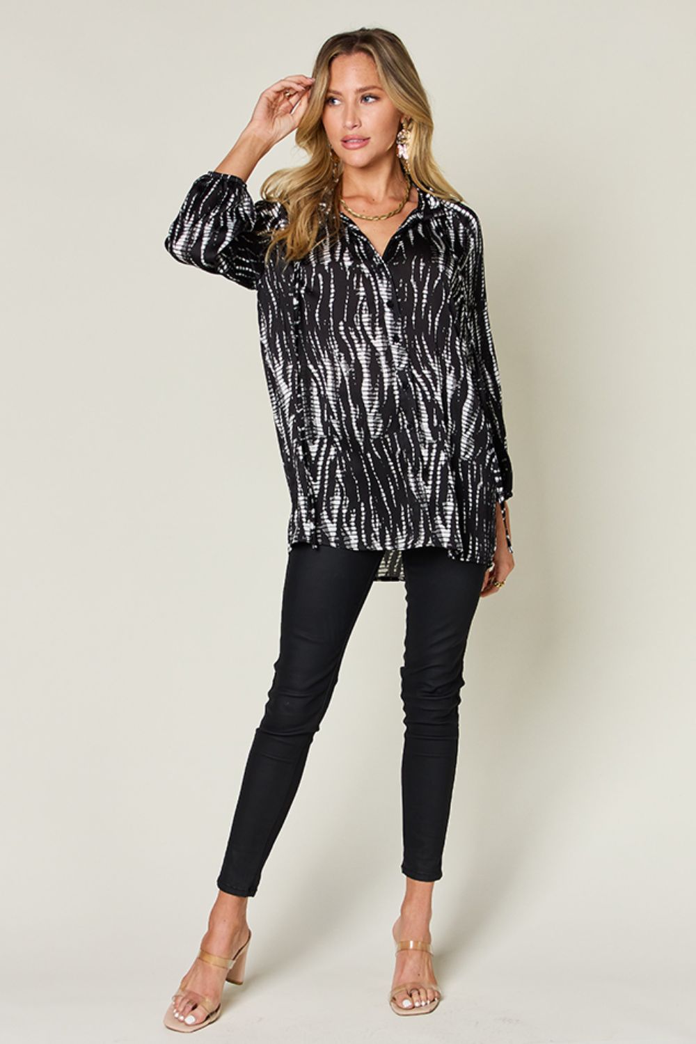 Double Take Full Size Printed Button Up Long Sleeve Shirt - EkaVibe