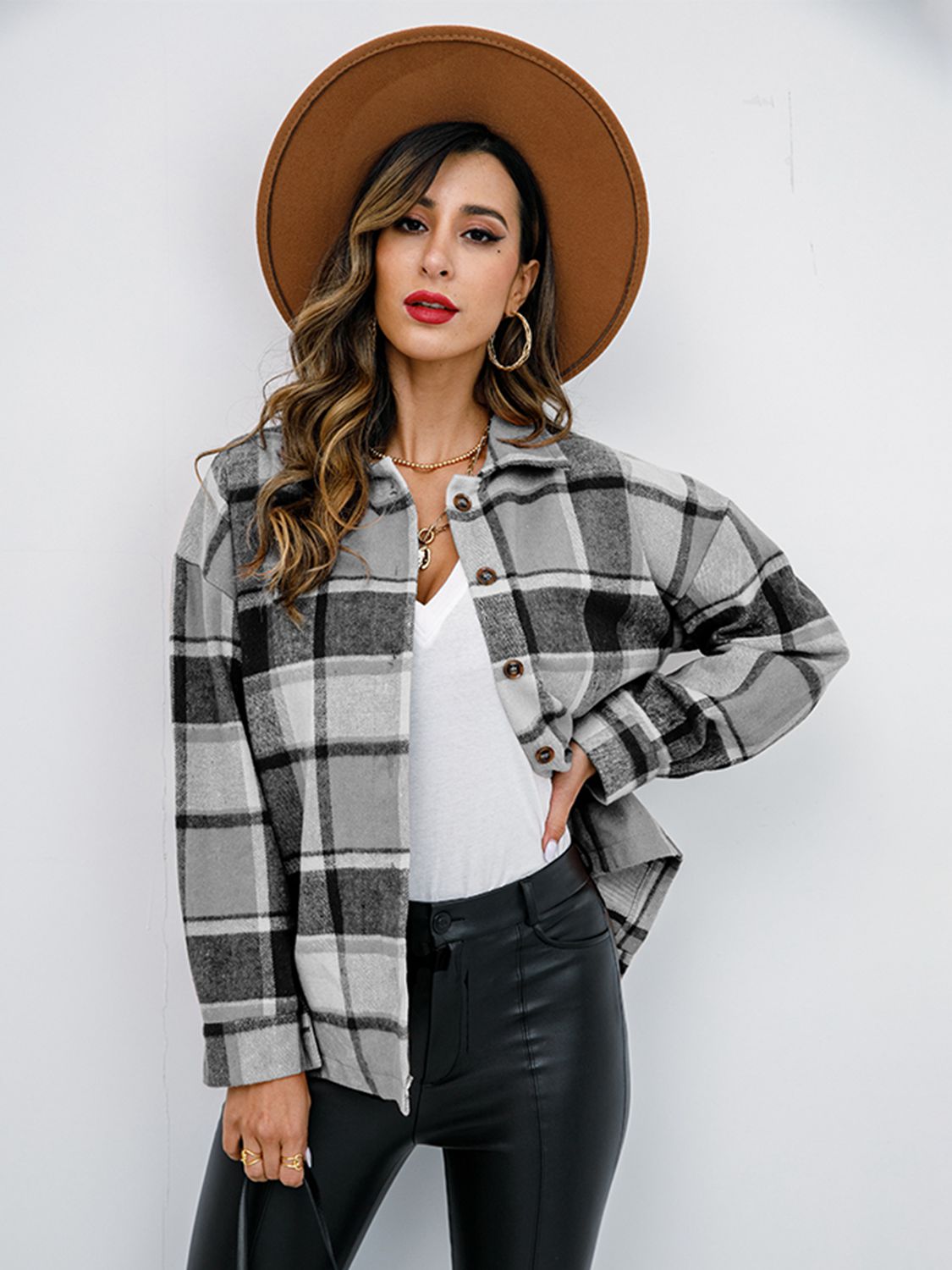 Shiny Plaid Button Up Collared Neck Jacket - EkaVibe