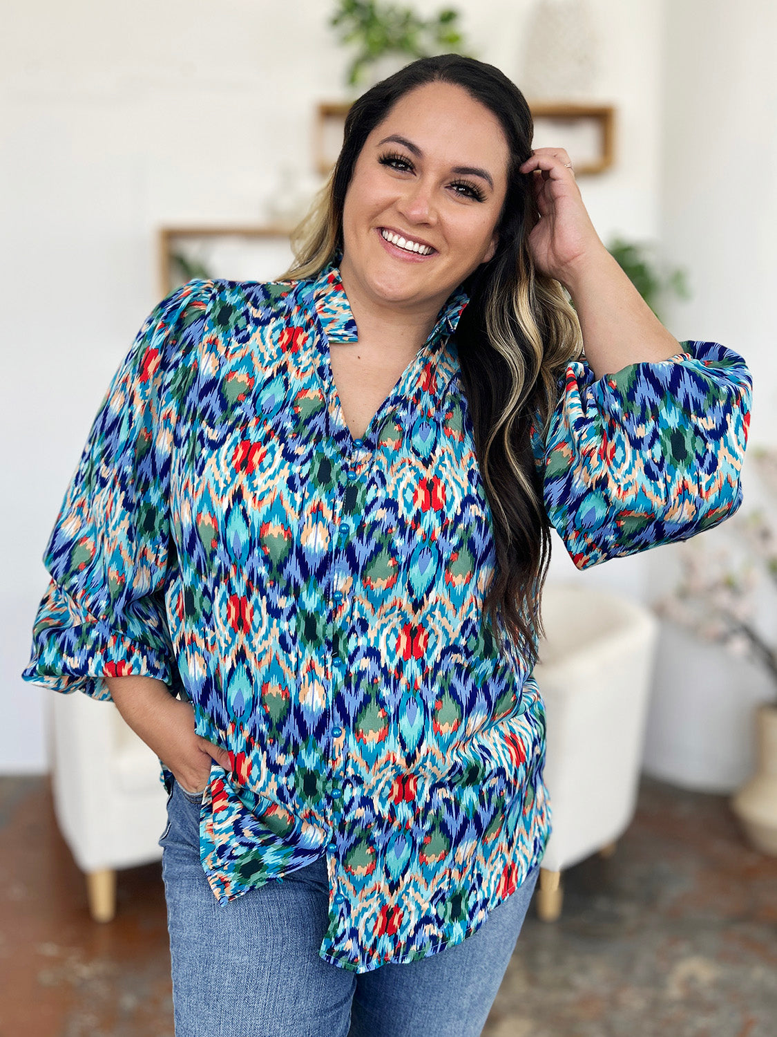 Double Take Full Size Printed Balloon Sleeve Blouse - EkaVibe