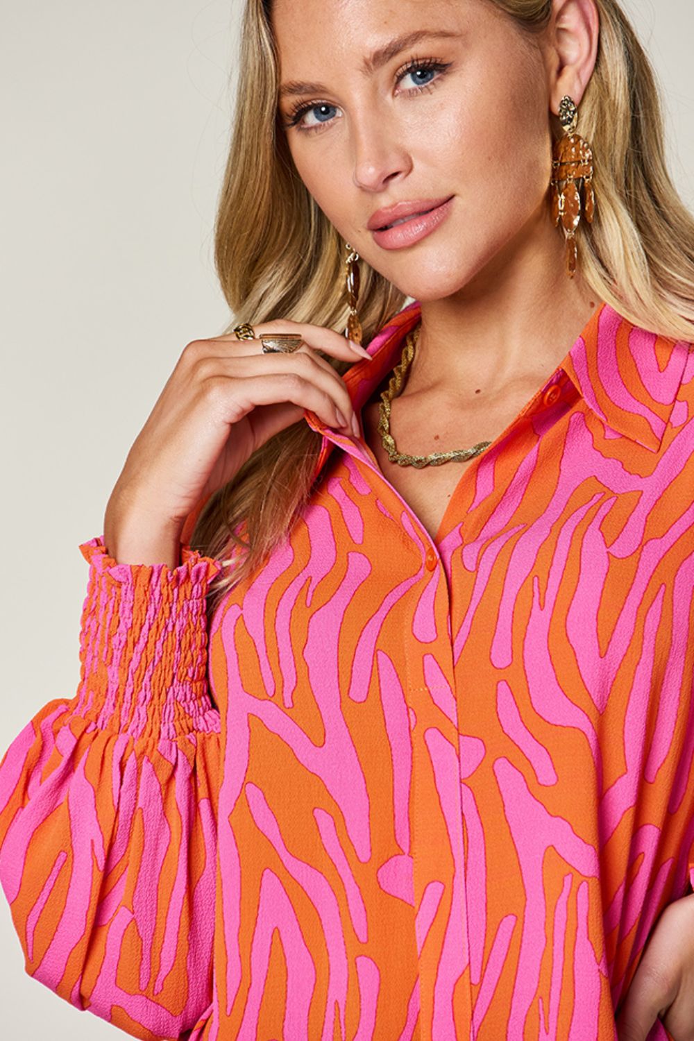 Double Take Full Size Printed Smocked Long Sleeve Blouse - EkaVibe