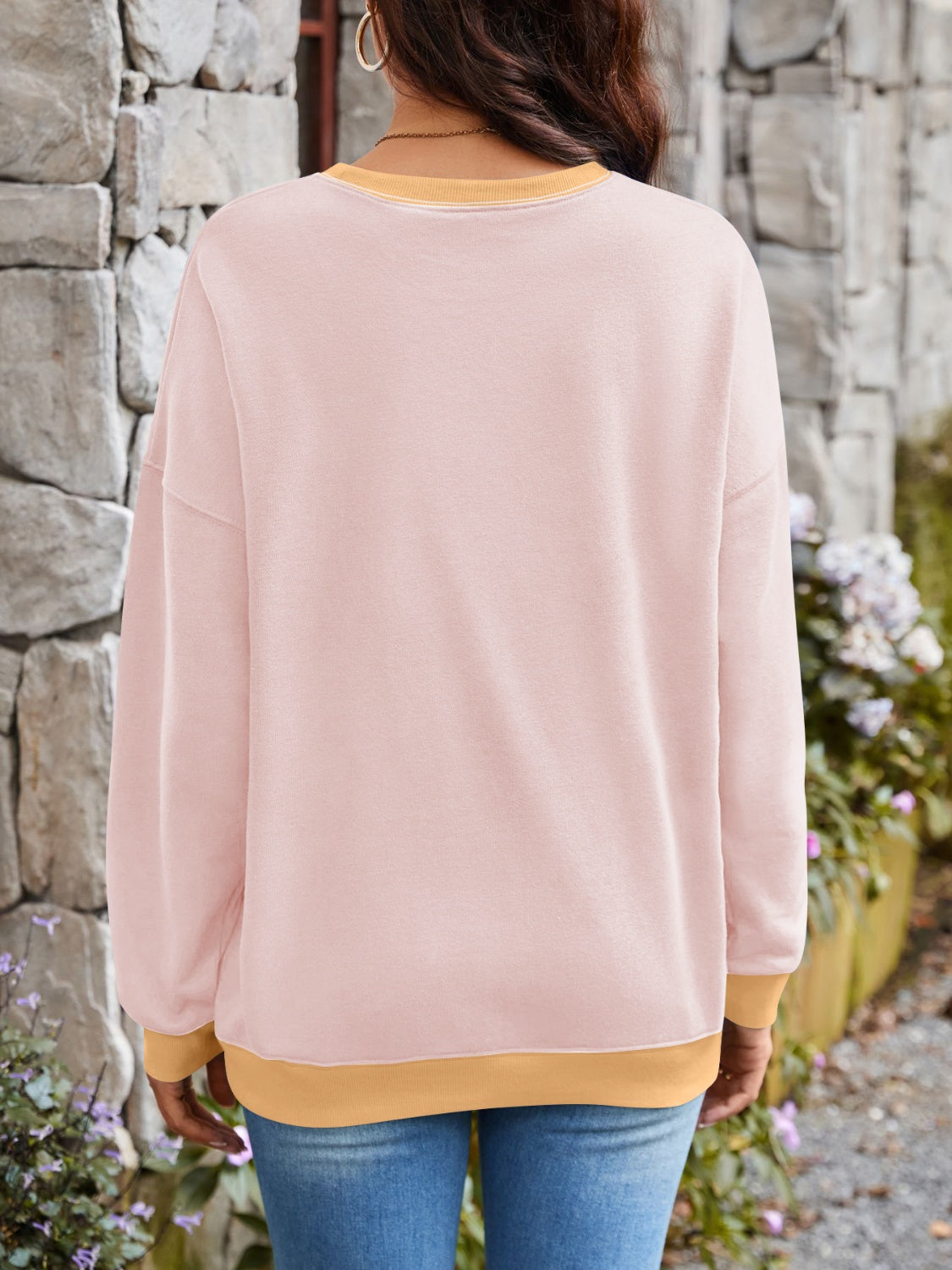 Lovelet Contrast Round Neck Long Sleeve Sweatshirt - EkaVibe