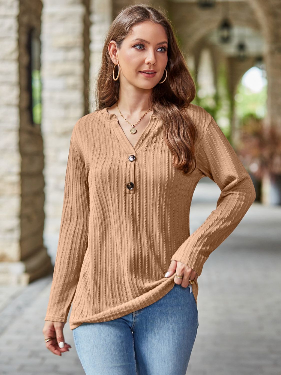 Mandy Notched Long Sleeve T-Shirt - EkaVibe