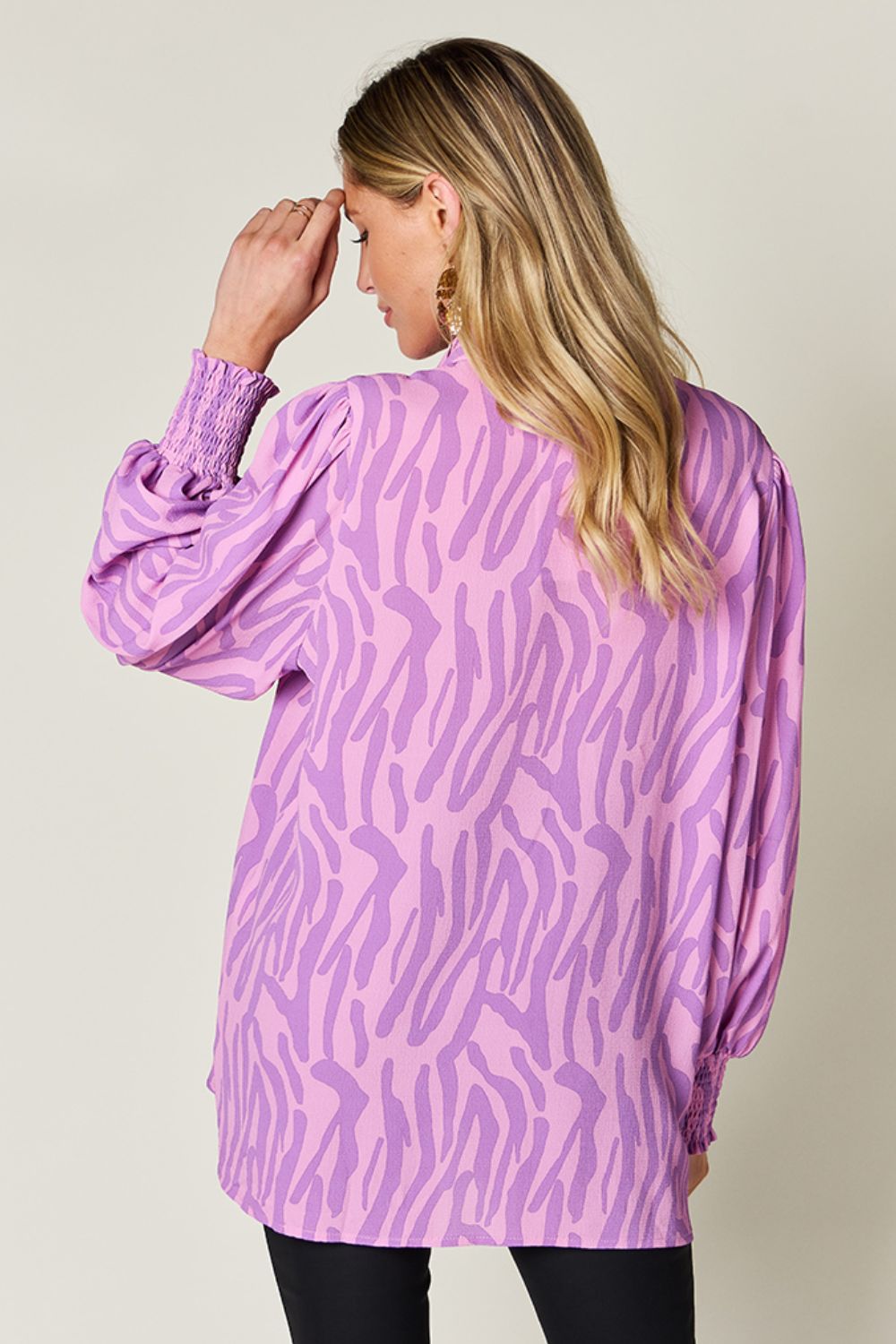 Double Take Full Size Printed Smocked Long Sleeve Blouse - EkaVibe