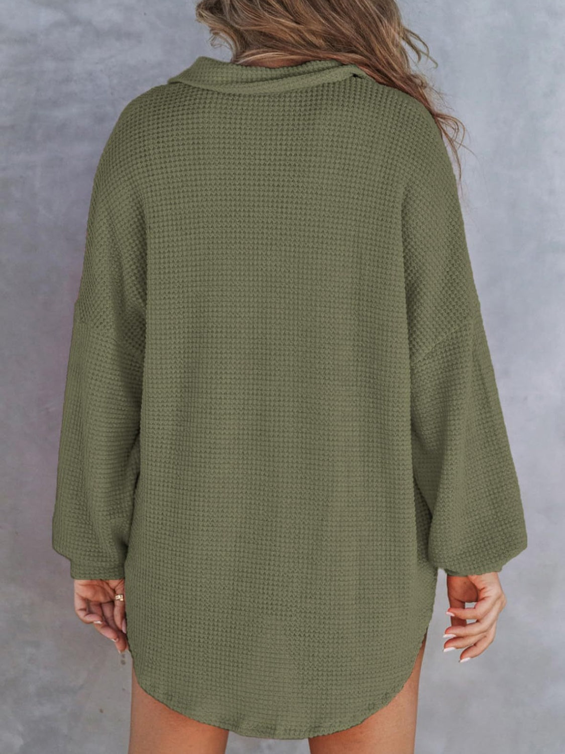 Waffle-Knit Dropped Shoulder Long Sleeve Sweatshirt - EkaVibe