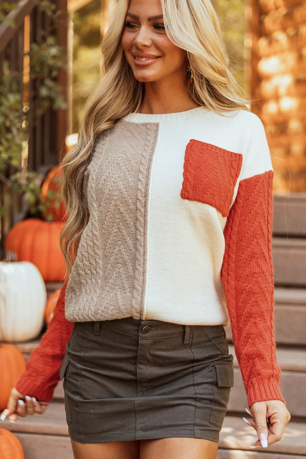 Color Block Round Neck Long Sleeve Sweater - EkaVibe