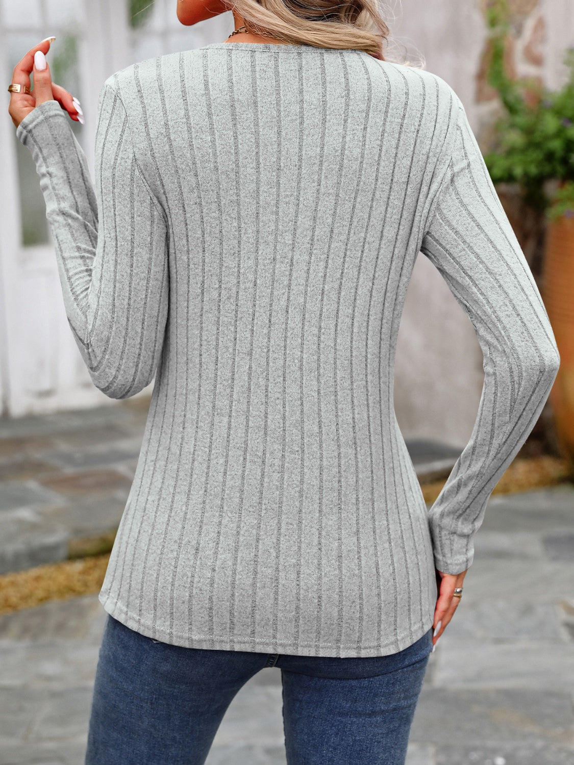 Decorative Button Round Neck Long Sleeve T-Shirt - EkaVibe