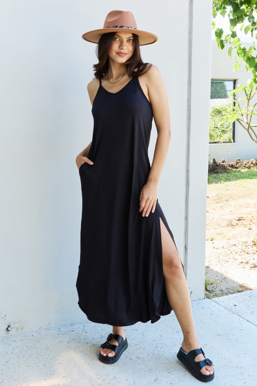 Ninexis Good Energy Full Size Cami Side Slit Maxi Dress in Black - EkaVibe