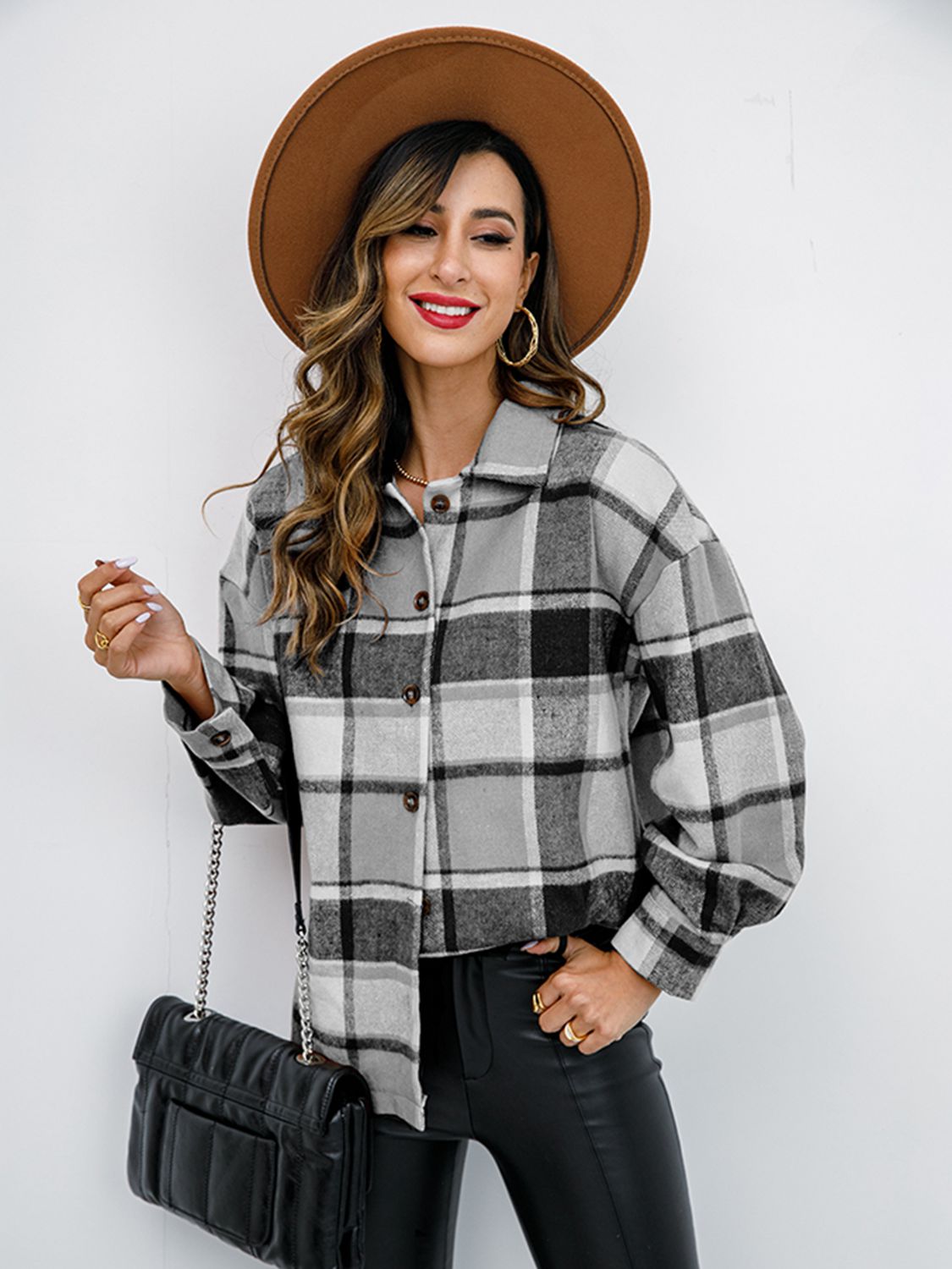 Shiny Plaid Button Up Collared Neck Jacket - EkaVibe