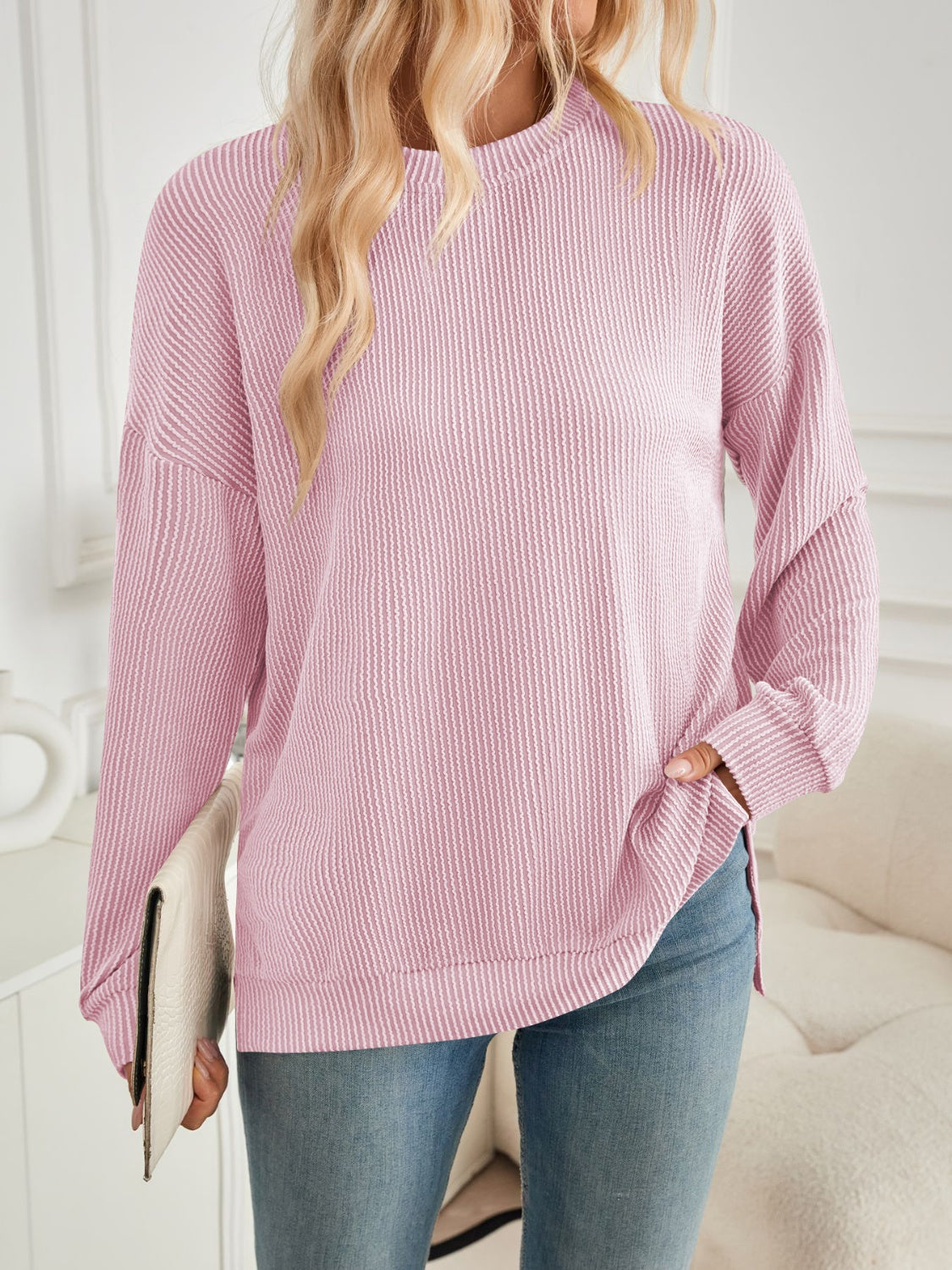 Lovelet Slit Round Neck Long Sleeve Sweatshirt - EkaVibe