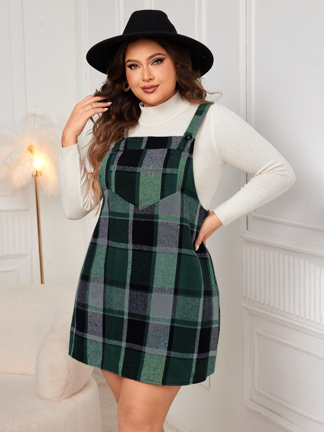 Honey Plus Size Plaid Wide Strap Overall Dress - EkaVibe