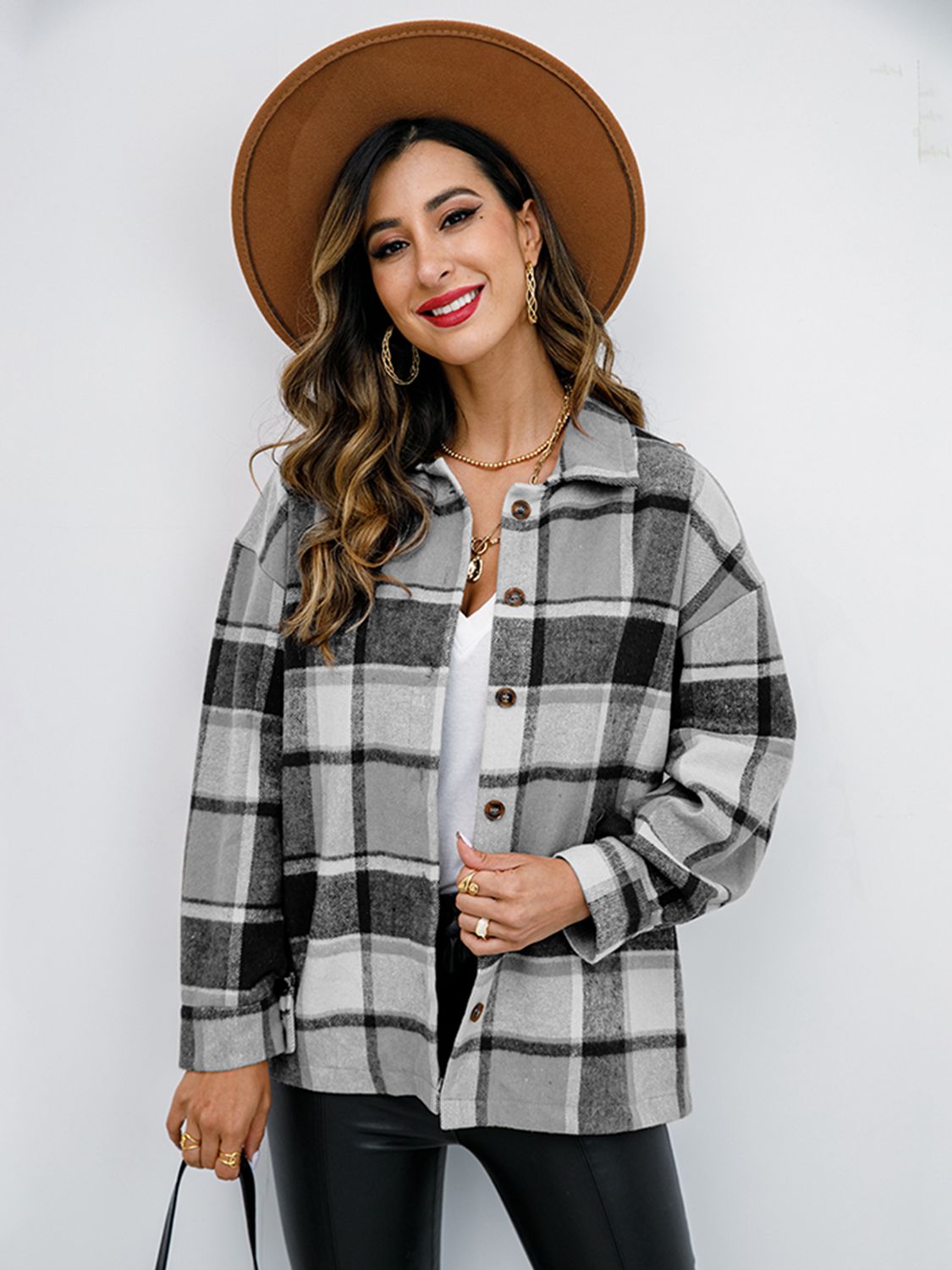 Shiny Plaid Button Up Collared Neck Jacket - EkaVibe