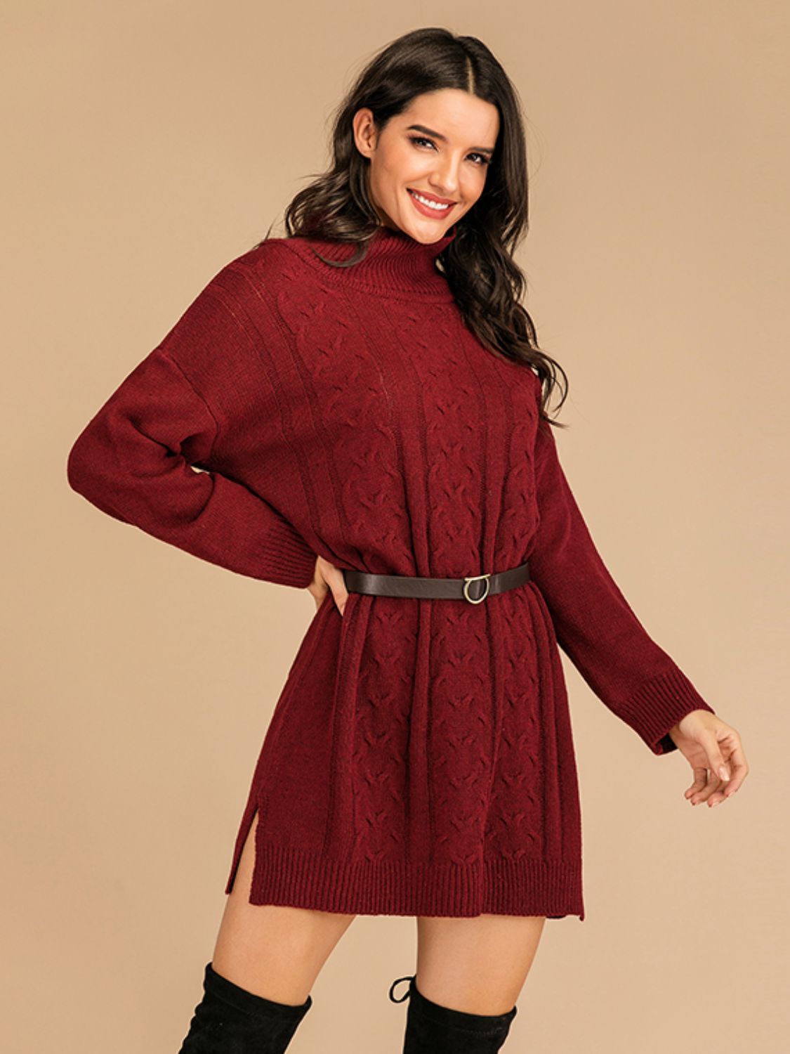 Perfee Slit Turtleneck Long Sleeve Mini Sweater Dress - EkaVibe