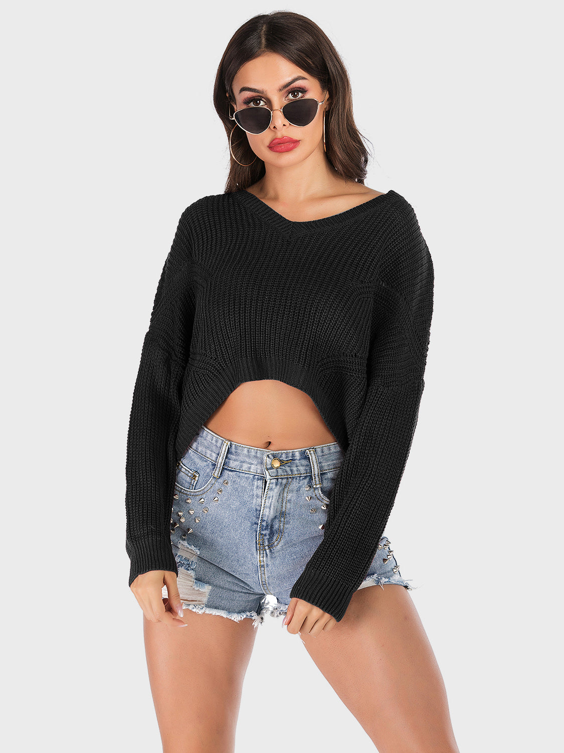 Perfee V-Neck Long Sleeve Sweater - EkaVibe