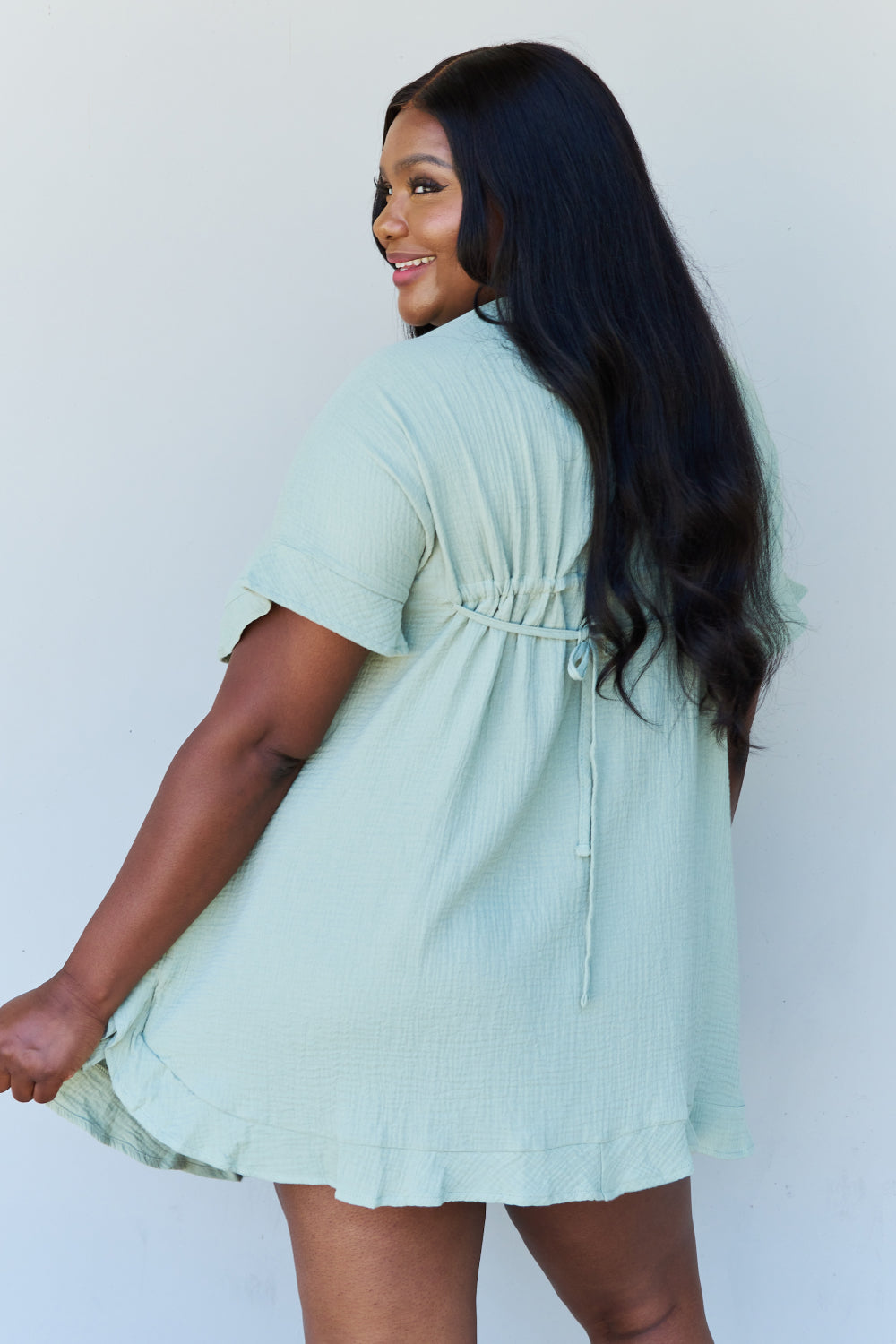 Ninexis Out Of Time Full Size Ruffle Hem Dress with Drawstring Waistband in Light Sage - EkaVibe