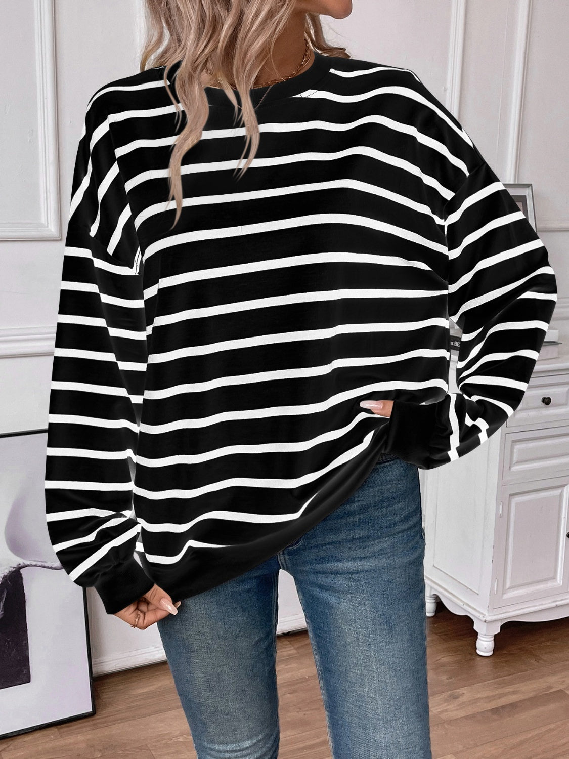 Lovelet Striped Round Neck Long Sleeve Sweatshirt - EkaVibe