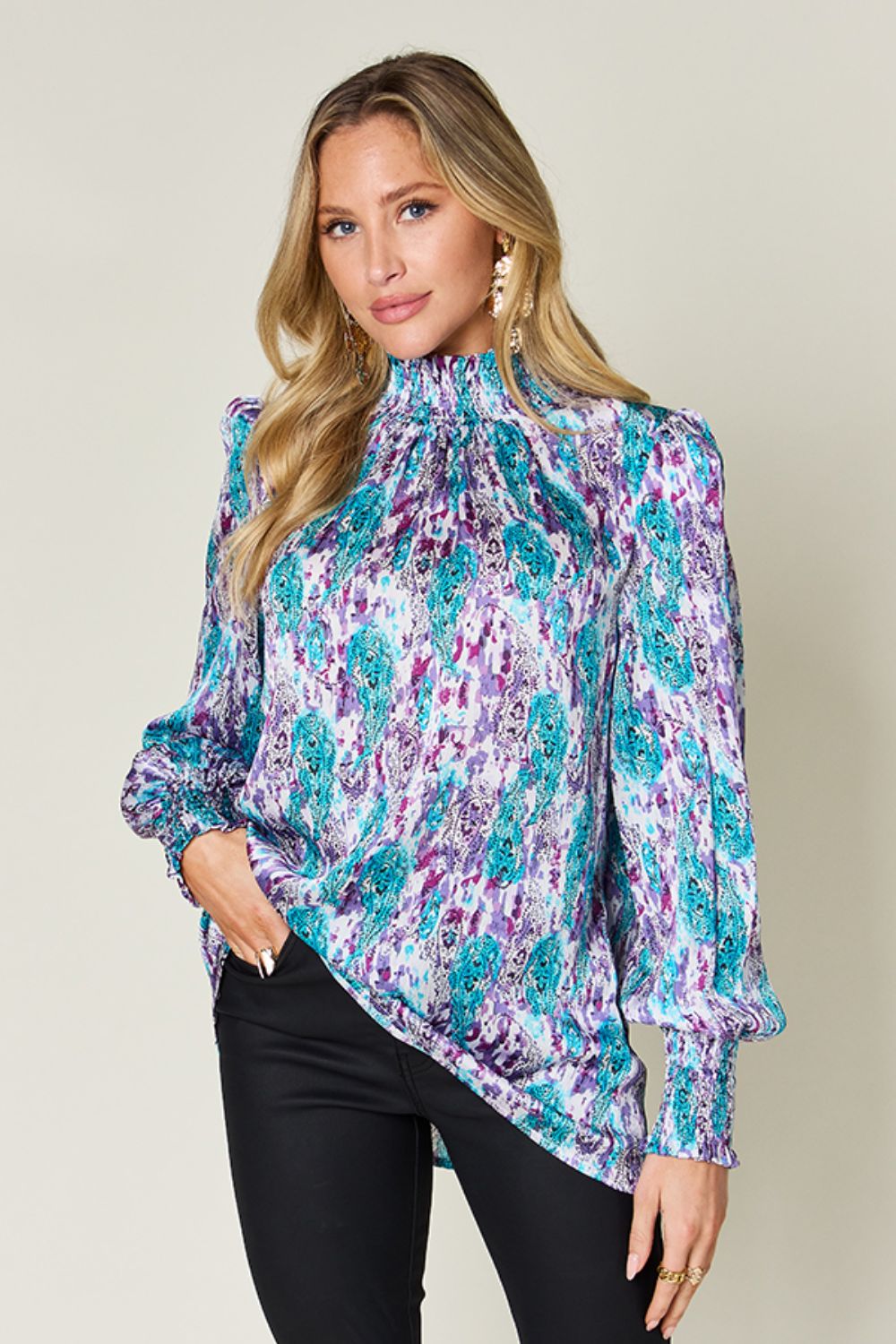 Double Take Full Size Printed Smocked Long Sleeve Blouse - EkaVibe