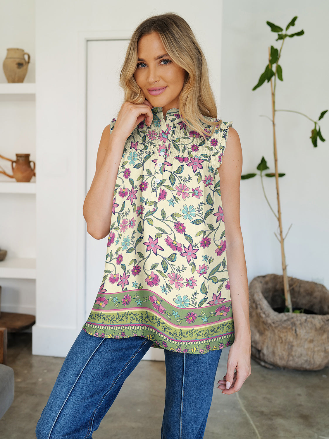 FAM-FAM Frill Printed Mock Neck Top - EkaVibe