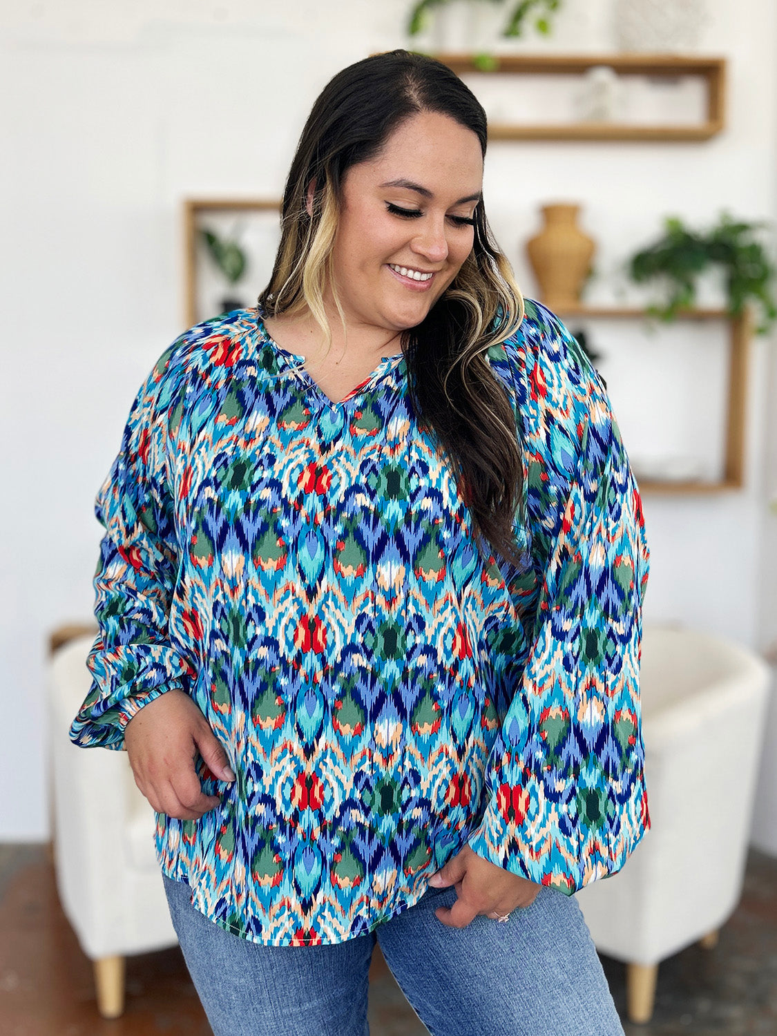 Double Take Full Size Printed Balloon Sleeve Blouse - EkaVibe