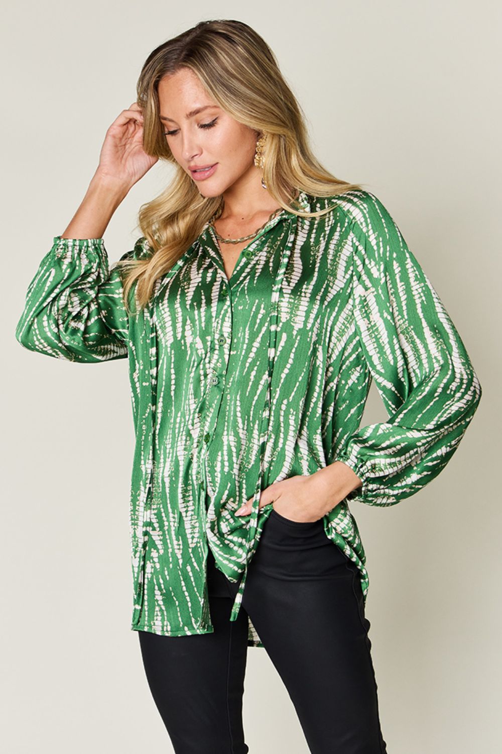 Double Take Full Size Printed Button Up Long Sleeve Shirt - EkaVibe