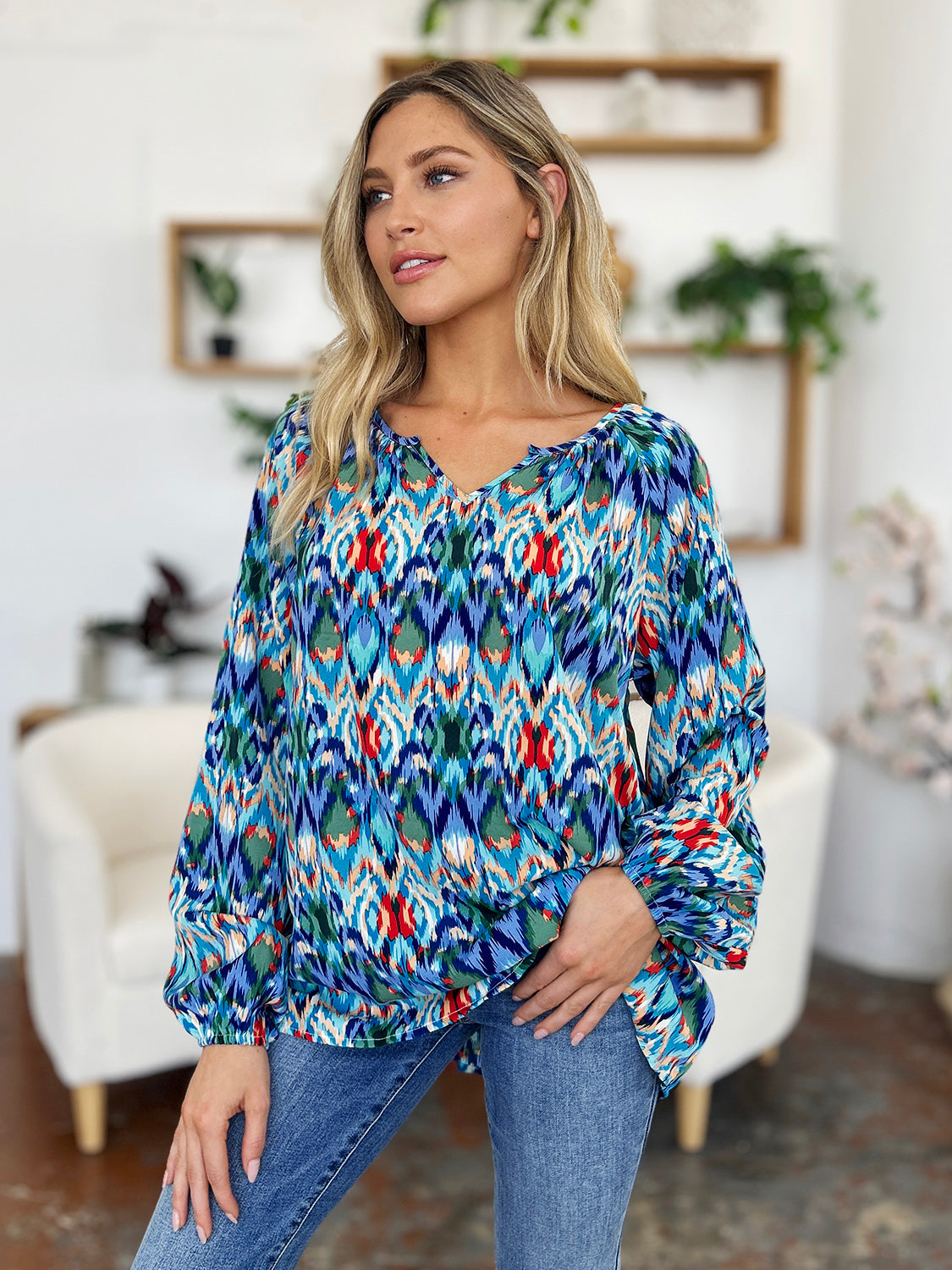 Double Take Full Size Printed Balloon Sleeve Blouse - EkaVibe