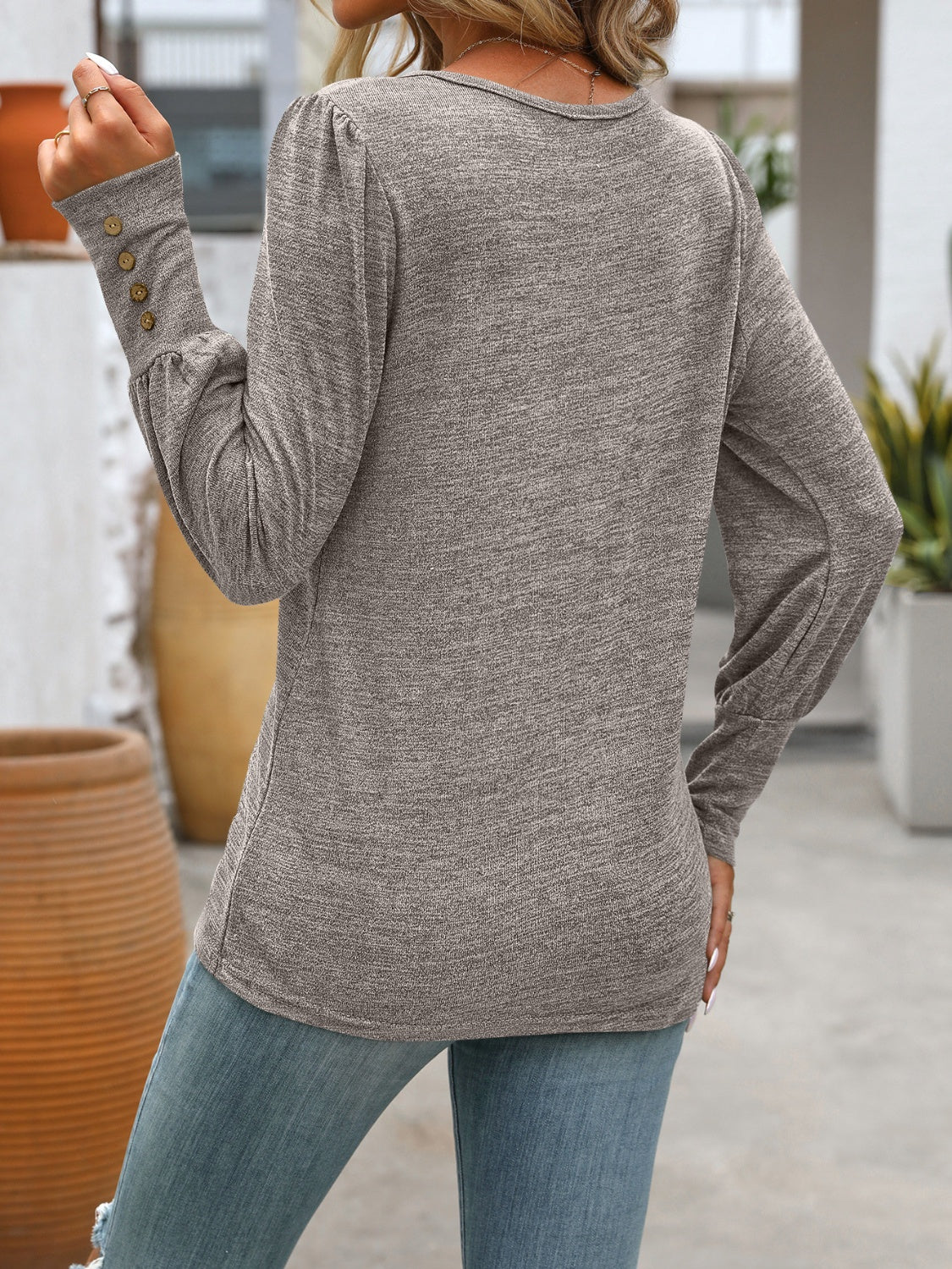 Decorative Button Round Neck Long Sleeve T-Shirt - EkaVibe