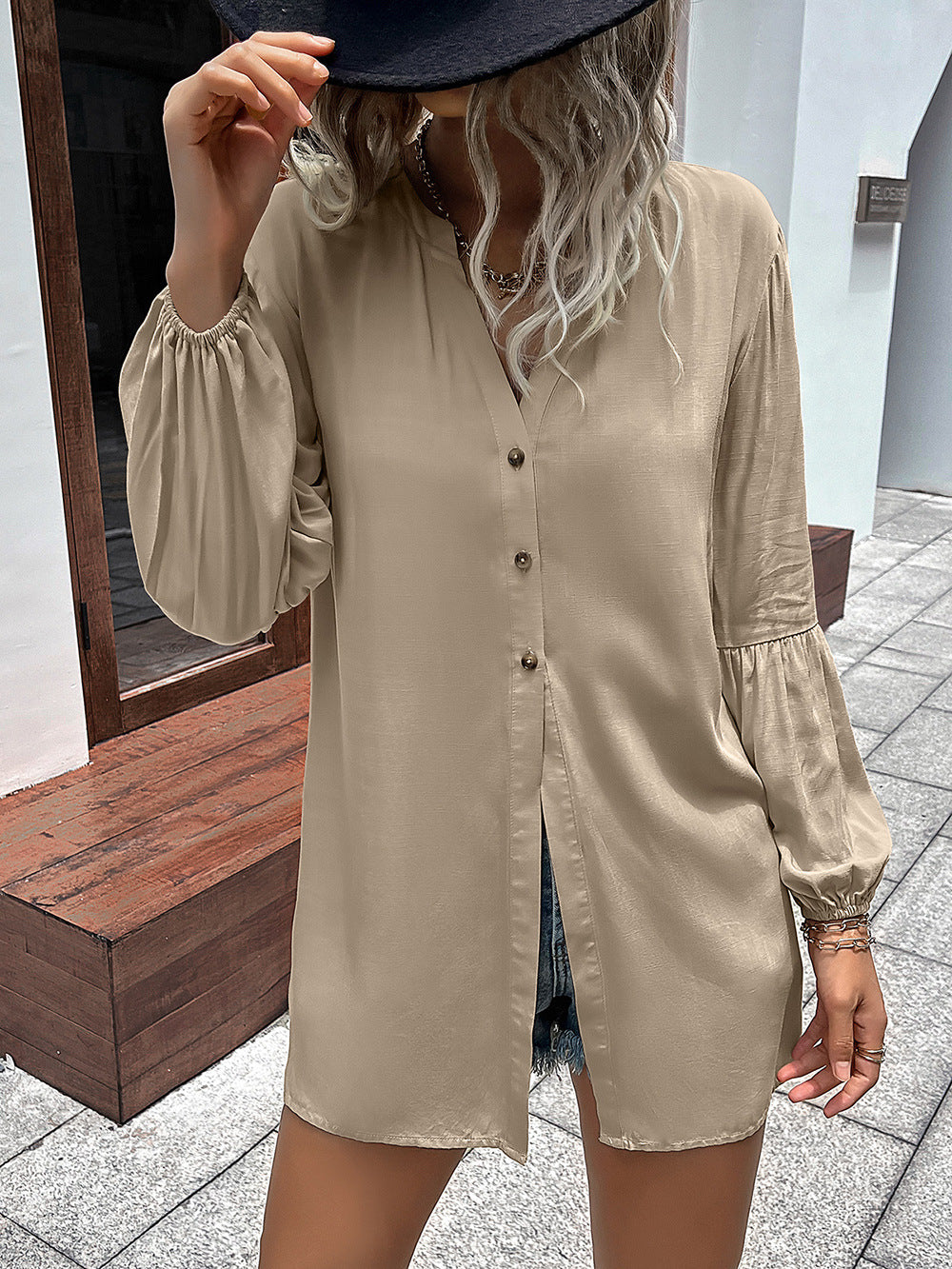 Ivy Lane Notched Neck Balloon Sleeve Shirt - EkaVibe