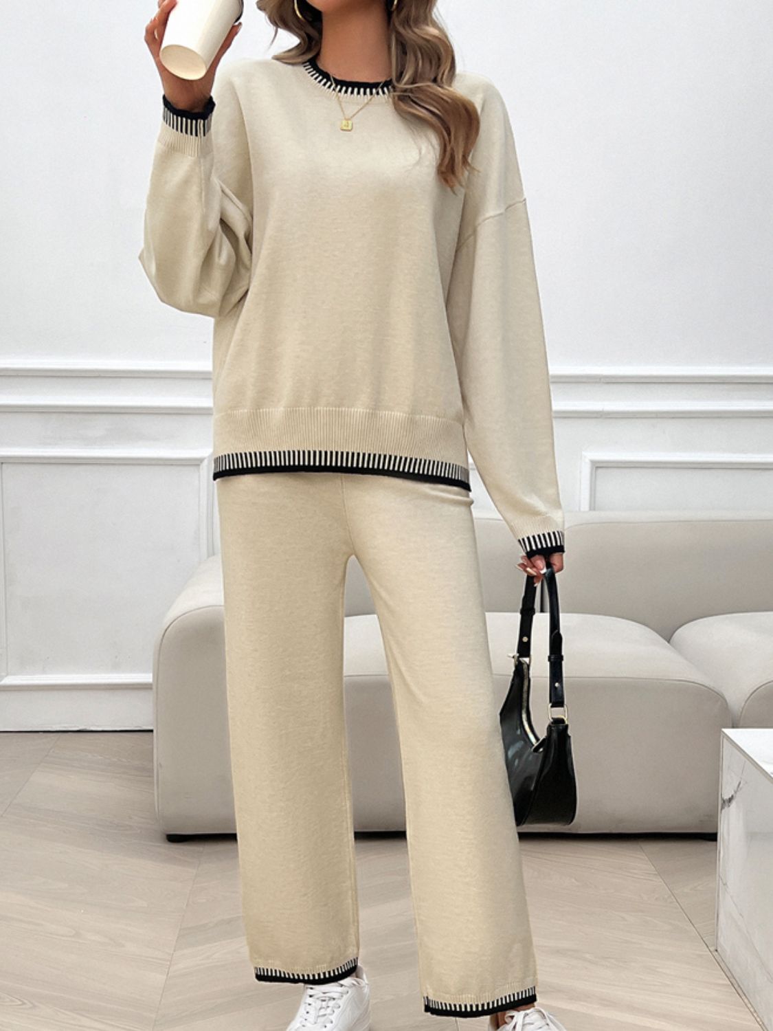 Devine Round Neck Dropped Shoulder Top and Pants Sweater Set - EkaVibe