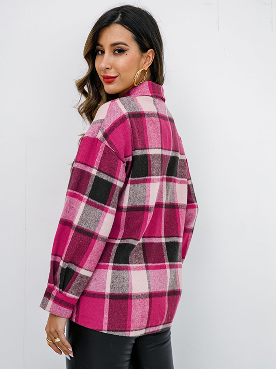 Shiny Plaid Button Up Collared Neck Jacket - EkaVibe