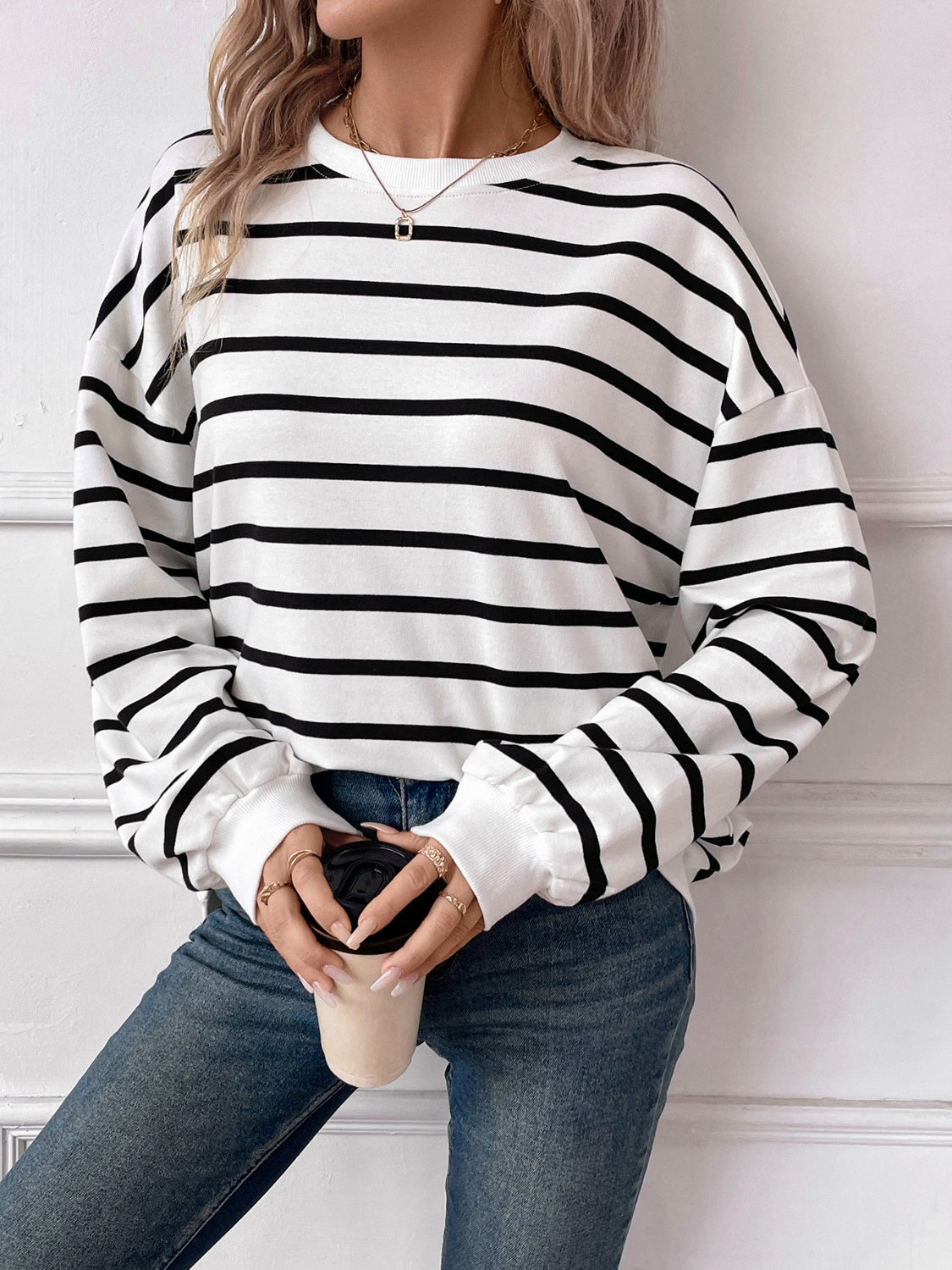 Lovelet Striped Round Neck Long Sleeve Sweatshirt - EkaVibe