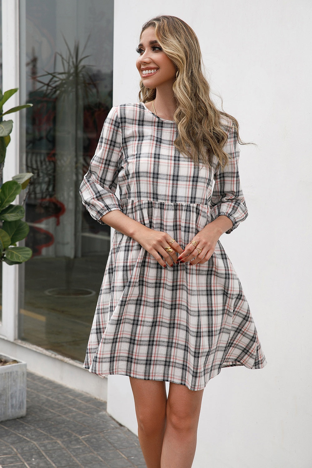 Ivy Lane Plaid Round Neck Mini Dress - EkaVibe